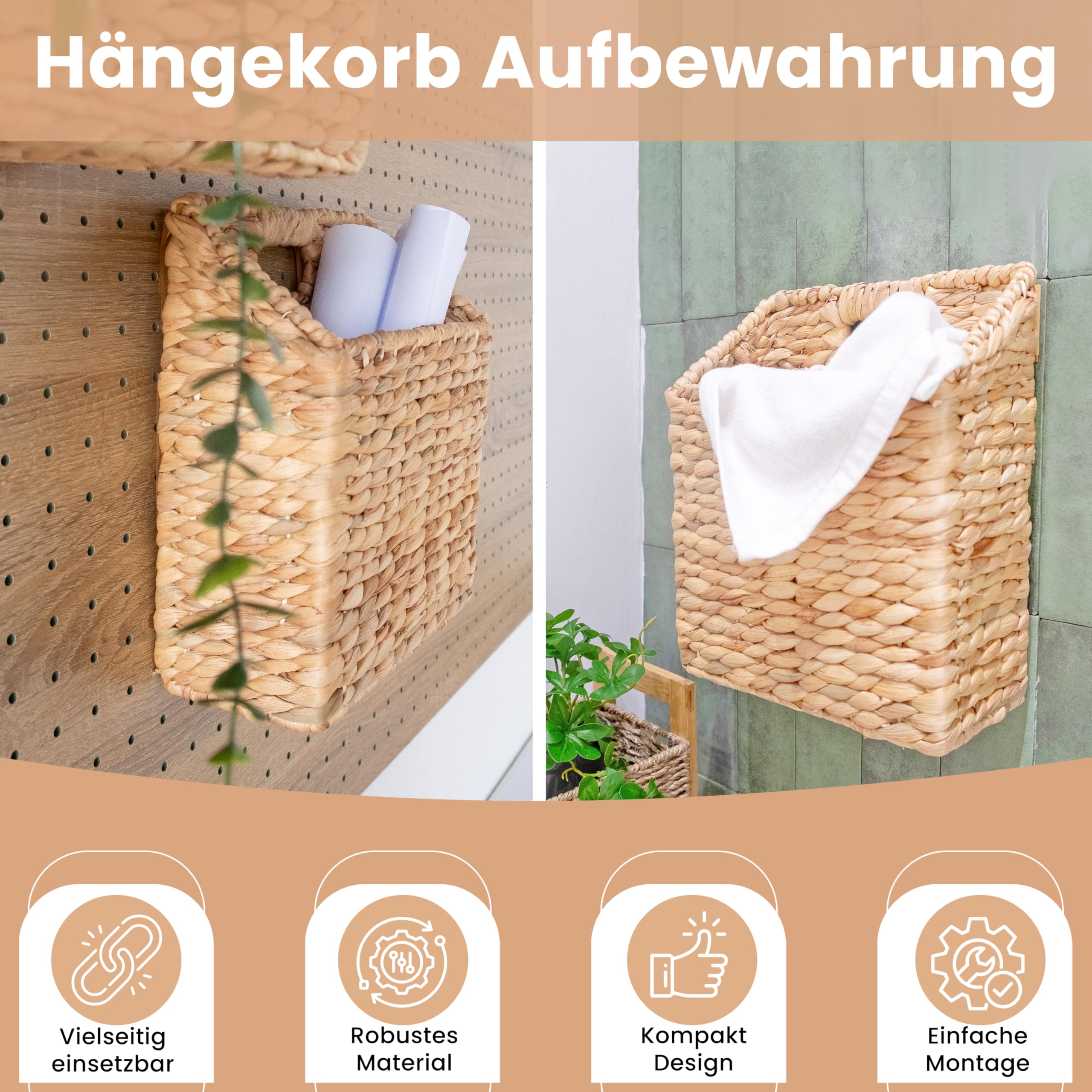 2er Set Hängende Aufbewahrungskörbe aus Wasserhyazinthe – Handgeflochtene Wandkörbe für Post, Dokumente, Bücher & Zubehör – Wandorganizer für Flur, Küche, Büro – Boho & Landhausstil