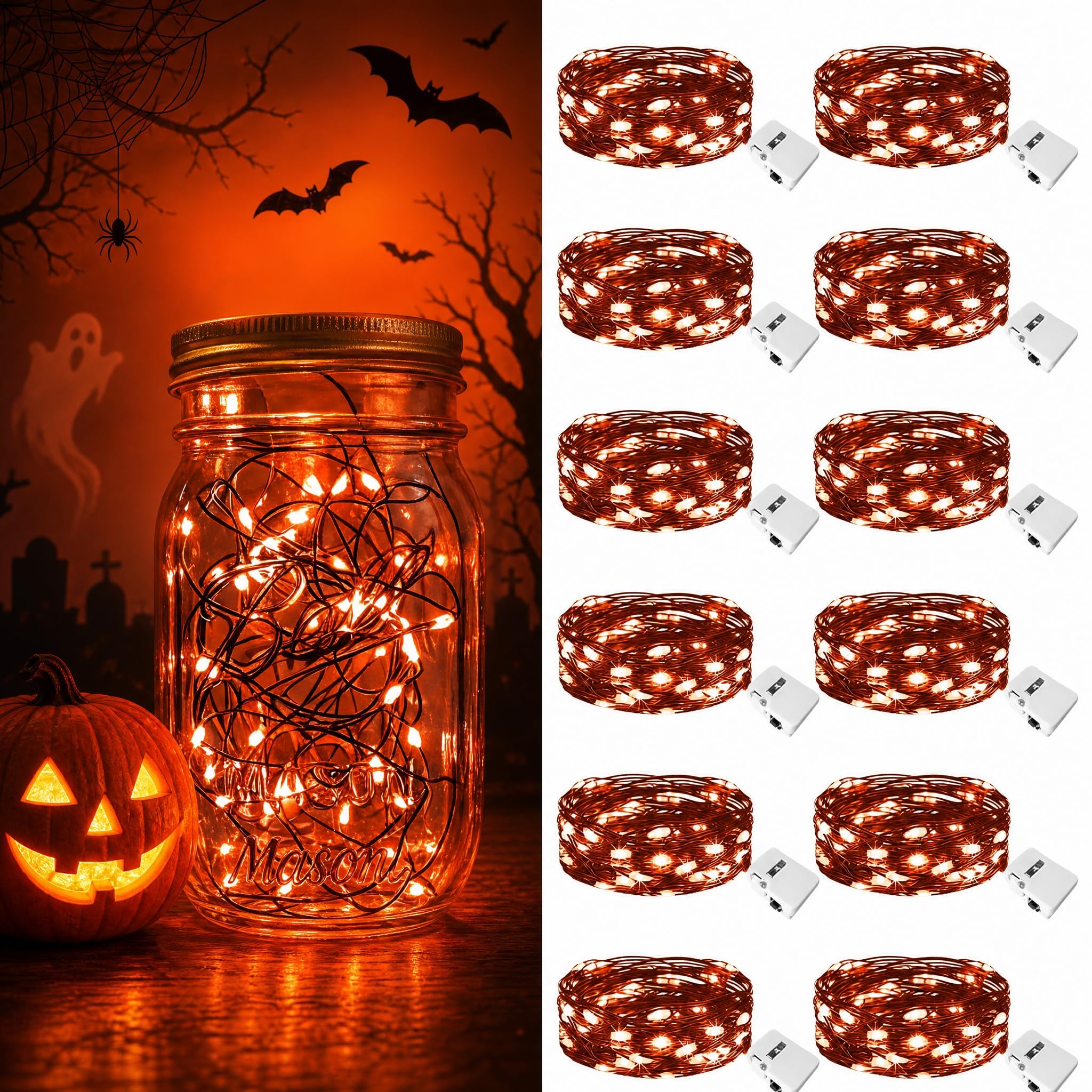 btfarm 12 Stück/3 Modi Lichterkette Batterie, 2M 20 LED Lichterkette Klein | Wasserdicht Schwarz Draht, Mini Lichterketten Batteriebetrieben, Micro Fairy Lights für Innen Halloween Deko, Rot-Orange