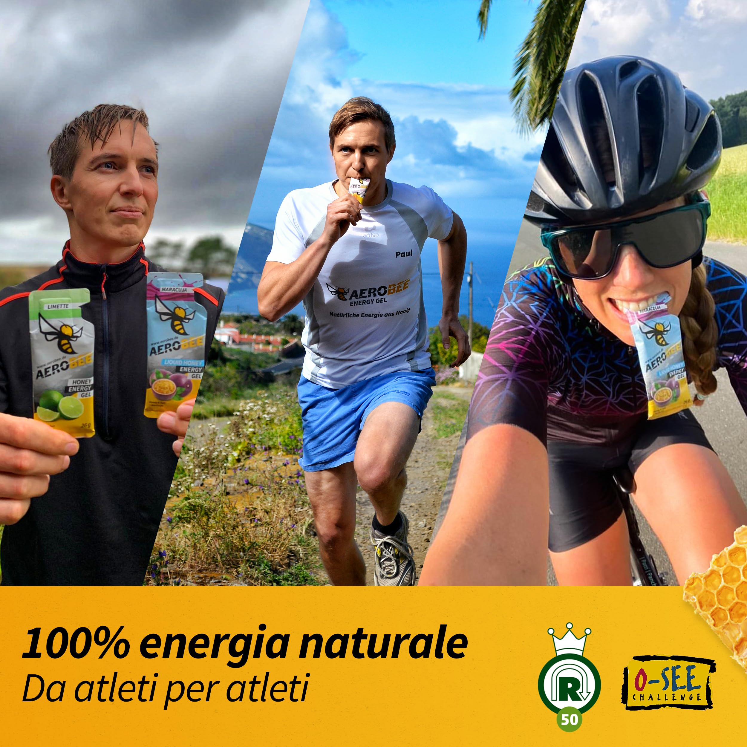 AEROBEE Gel energetico liquido - Miele & Sale 10x26g [100% energetico naturale al miele] delizioso gel sportivo adatto per sport di resistenza e corsa, con carboidrati