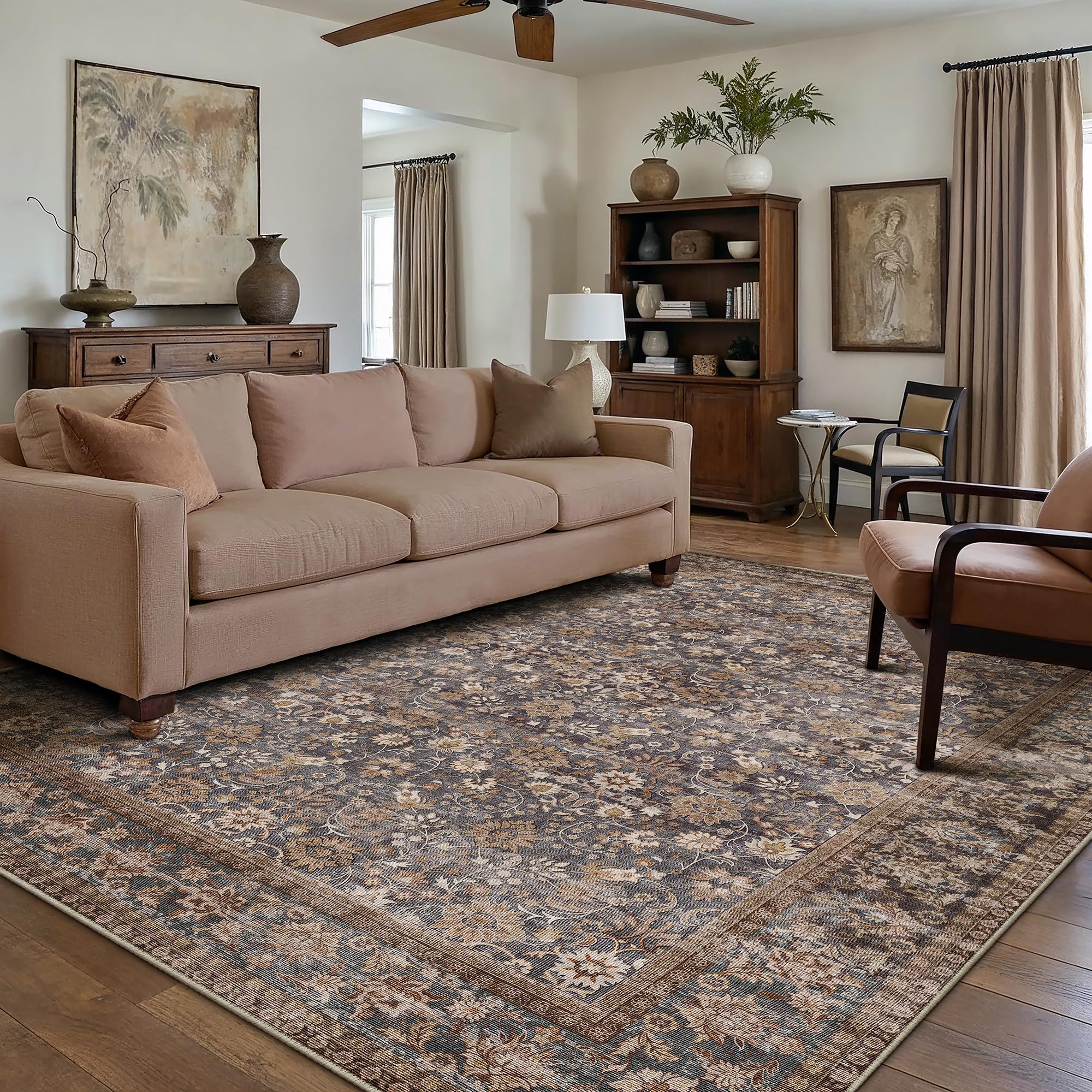 PureCozy Living Room Rug, 180x270 cm Washable Area Rugs for Bedroom, Non Slip Vintage for Kitchen Bedroom Dining Room Home Office, Soft Low Pile Carpet for Indoor Home Decor, Brown & Blue — image 1