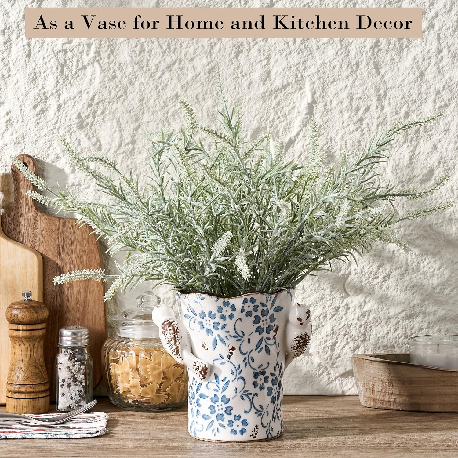 6.34“H Utensil Holder for Kitchen Counter, Modern Farmhouse Cooking Utensil Holder and Crock Home Kitchen Decor, Ceramic Utensil Organizer for Spatula, Ladle, Eggbeater, Rolling Pin- Blue and White