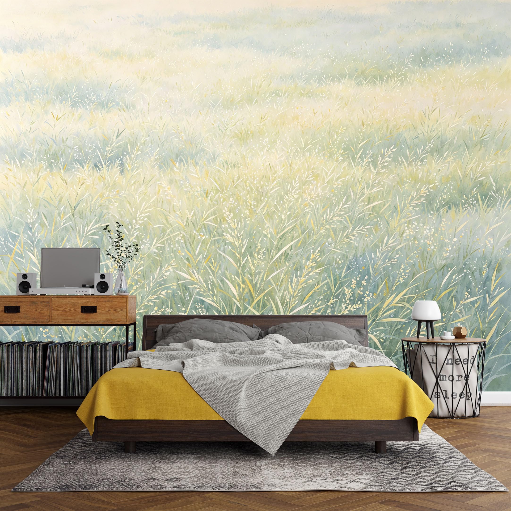 Custom Size Wall Mural， Botanical Meadow Pastel Plant Field Watercolor Nature Landscape，SelfAdhesive Art Prints wall Fabric (No PVC) Removable Wallpaper Living Room Decor