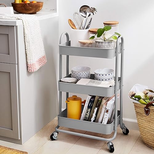 Miniatura 6 de Amazon Basics 3-Tier Rolling Utility or Kitchen Cart, Lockable Wheels, Multifunctional Storage, Mobile Shelving Unit, Metal Storage Organizer, Gris