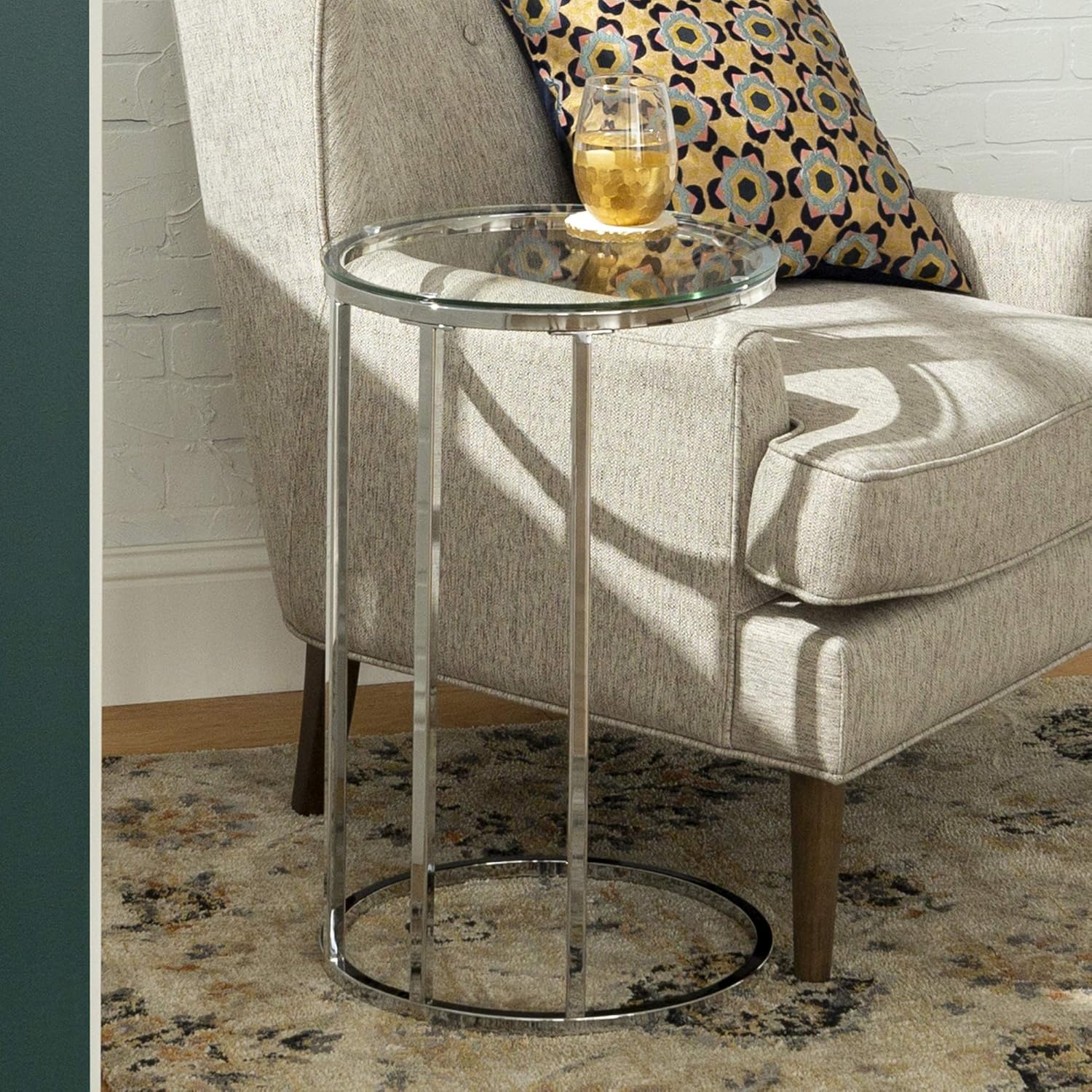 🛒 Crazy Deals Walker Edison Ophelia Contemporary Metal and Glass Round C Accent Table, 16 Inch, Glass and Silver