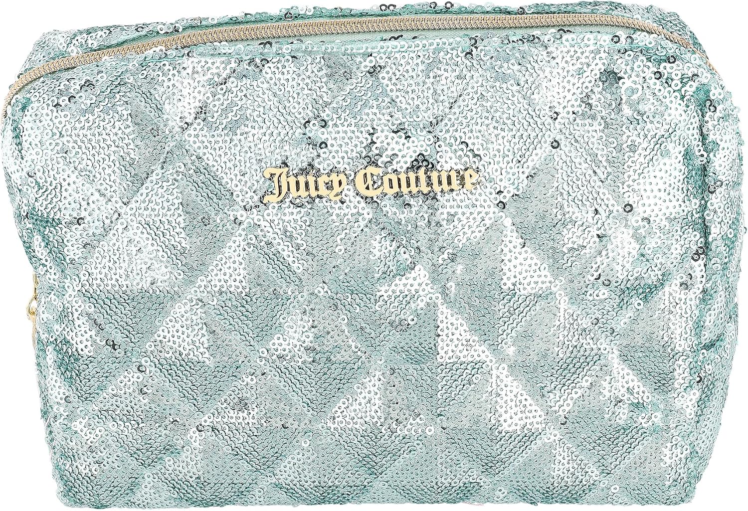 Juicy Couture Blue Makeup Bag Cosmetics Organizer Travel Essentials Zip Top Wedge Sparkle Sequin