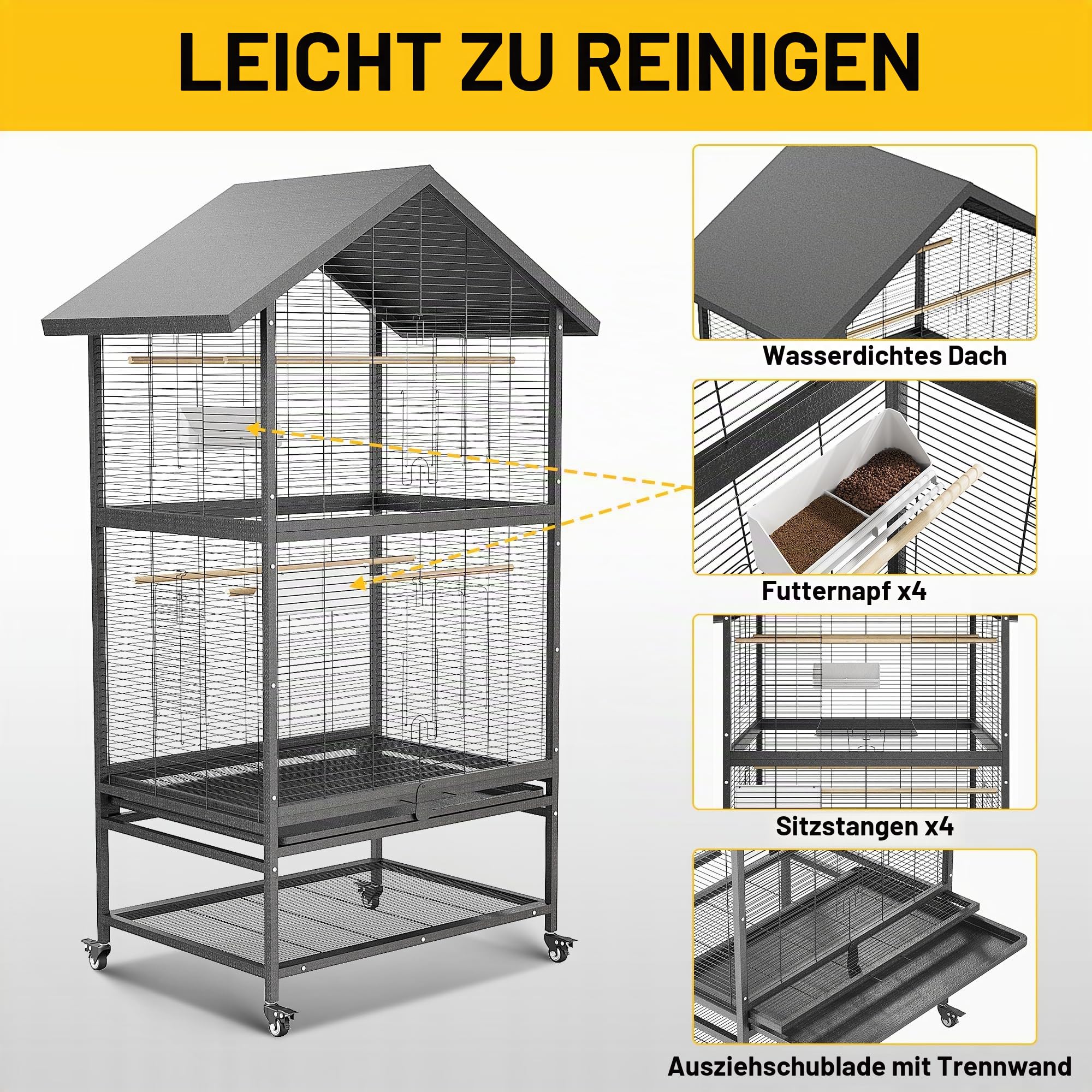 GroßEr VogelkäFig, 166 cm GroßEr Metall-Futterspender Mit RäDern, FlugkäFig Mit 4 Metall-Futterspendern, Holzsitzstangen Und Ablage