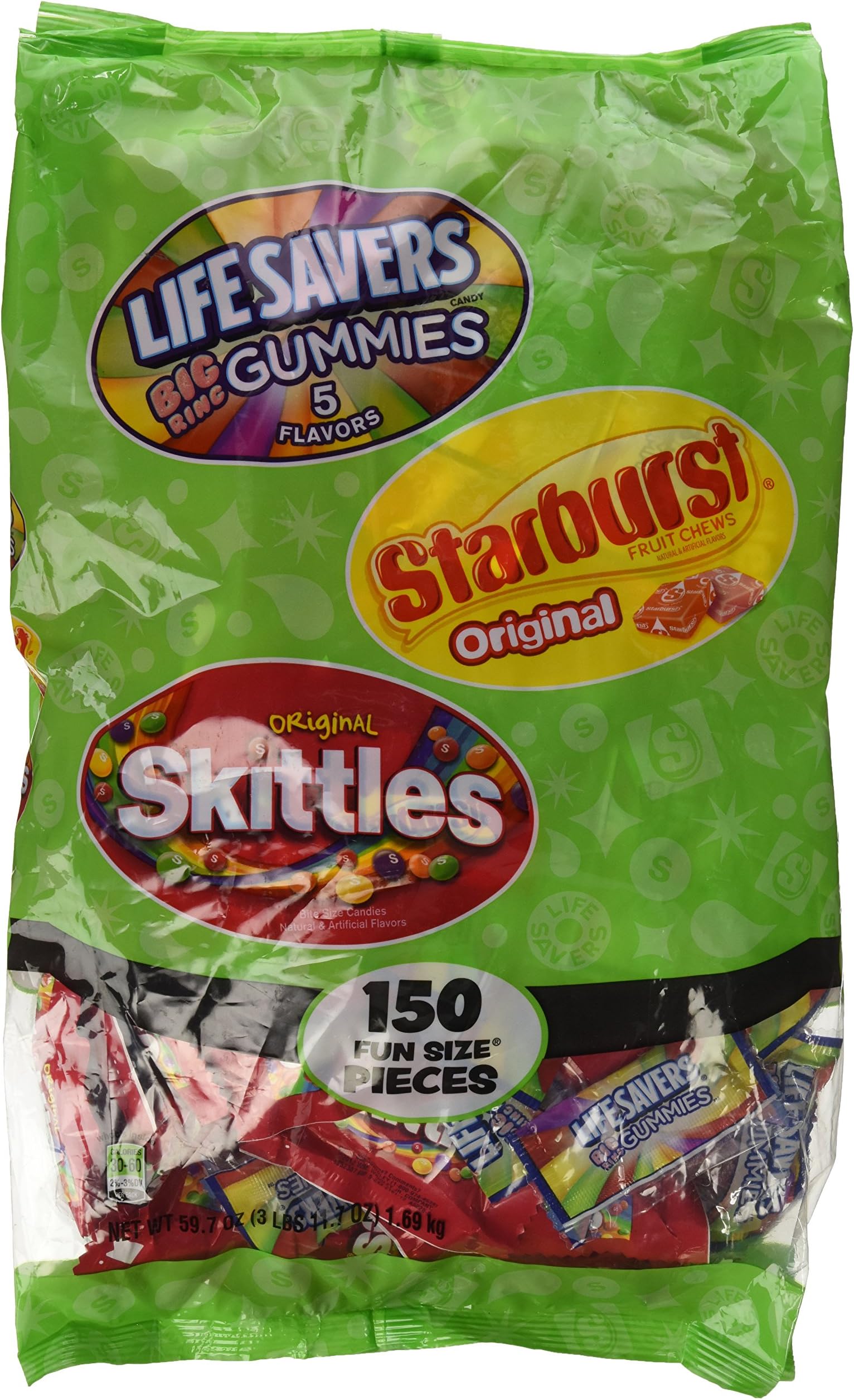 Family Favorites Fun Size Skittles, Starburst Life & Savers Gummies 150 Fun size pieces - Net Wt 59.7 oz(3 LBS 11.7 oz) 1.69kg