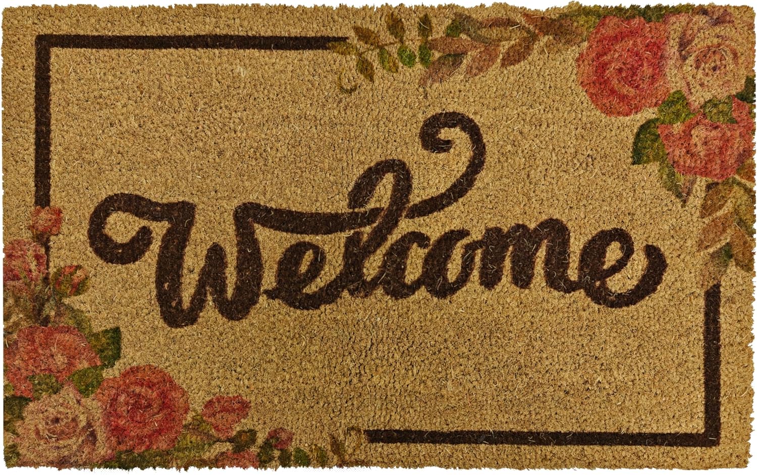 Brown Rose and Leaf - Natural Coco Coir Door Mat with Heavy Duty Backing - 17.5"x30" Inch - Welcome Mats for Entryway,Outdoor - Front Door Welcome Doormat - Anti-Slip Rubber & Coconut Fiber