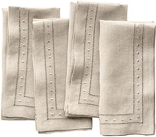 Linen Napkins Set of 4-100% Flax Linen Natural Dinner Napkins with Embro...