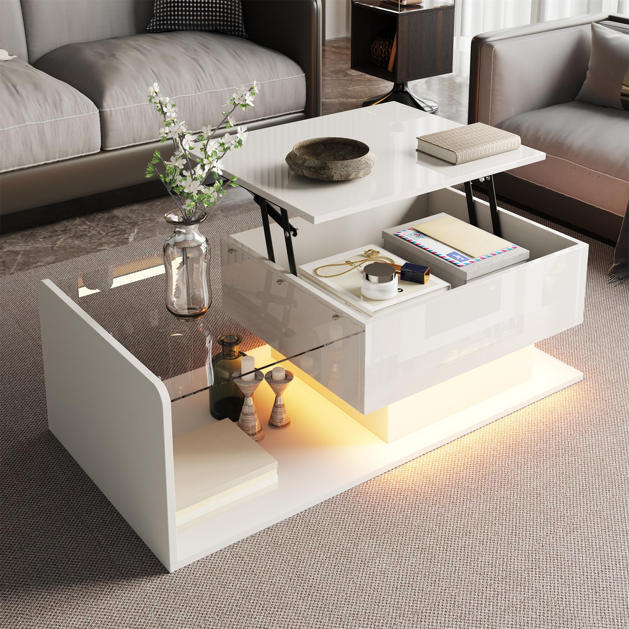 Merax Lift Up Coffee Table, White High Gloss Coffee Table Centre Table for Living Room, with glass Tabletop and LED Effect, 16-colour variable Led Lights, round corners Design, 100 * 50 * 33/47.5cm โ image 1