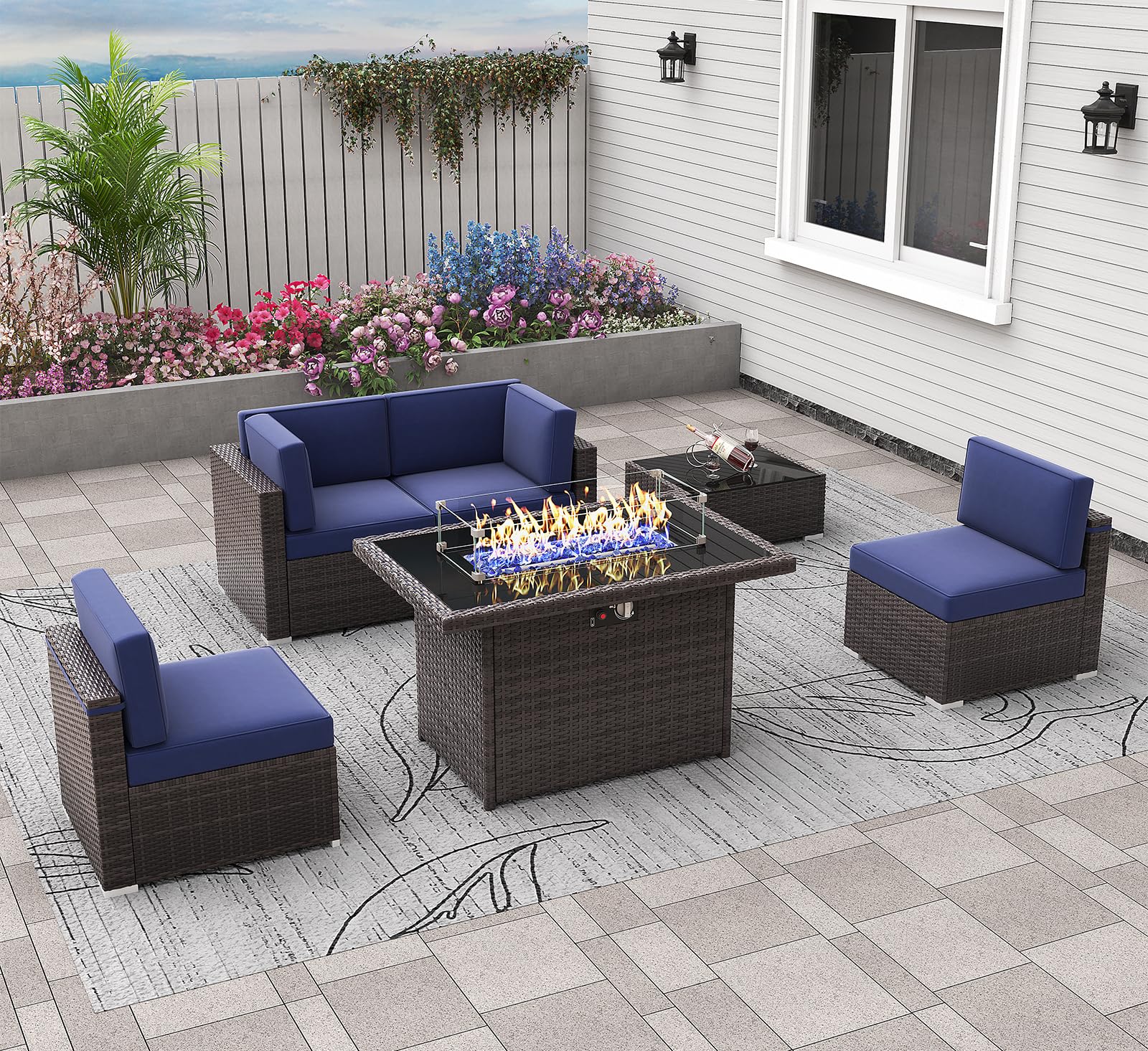 Vakollia 6 Pieces Patio Furniture Set with 44" Propane Gas Fire Pit Table, Outdoor Sectional Brown Rattan Wicker Conversation Sofa Sets with Coffee