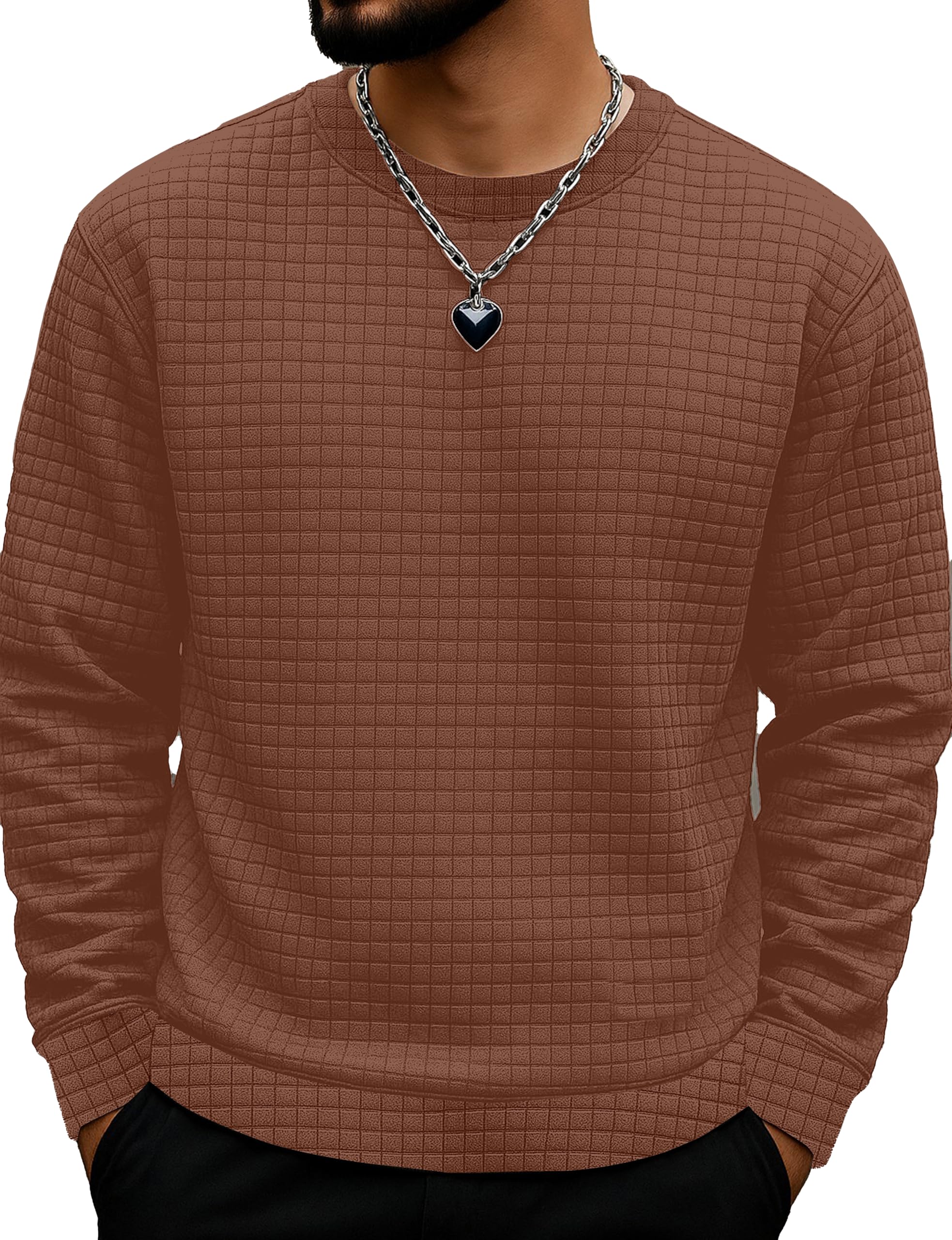 kajaru Quilted Pattern Long Sleeve Sweatshirt, Round Neck, Men's Casual Pullover, Grey, Black, Beige-picture-1