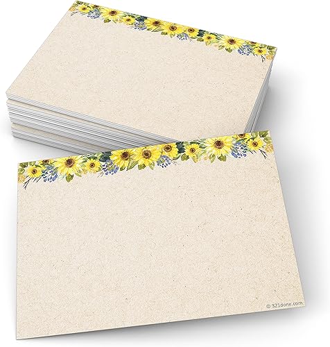 321Done Tarjetas de índice de girasol floral, (50) tarjetas de papel kraft de 4 x 6 pulgadas, en blanco, sin líneas, para estudiar, aprender,