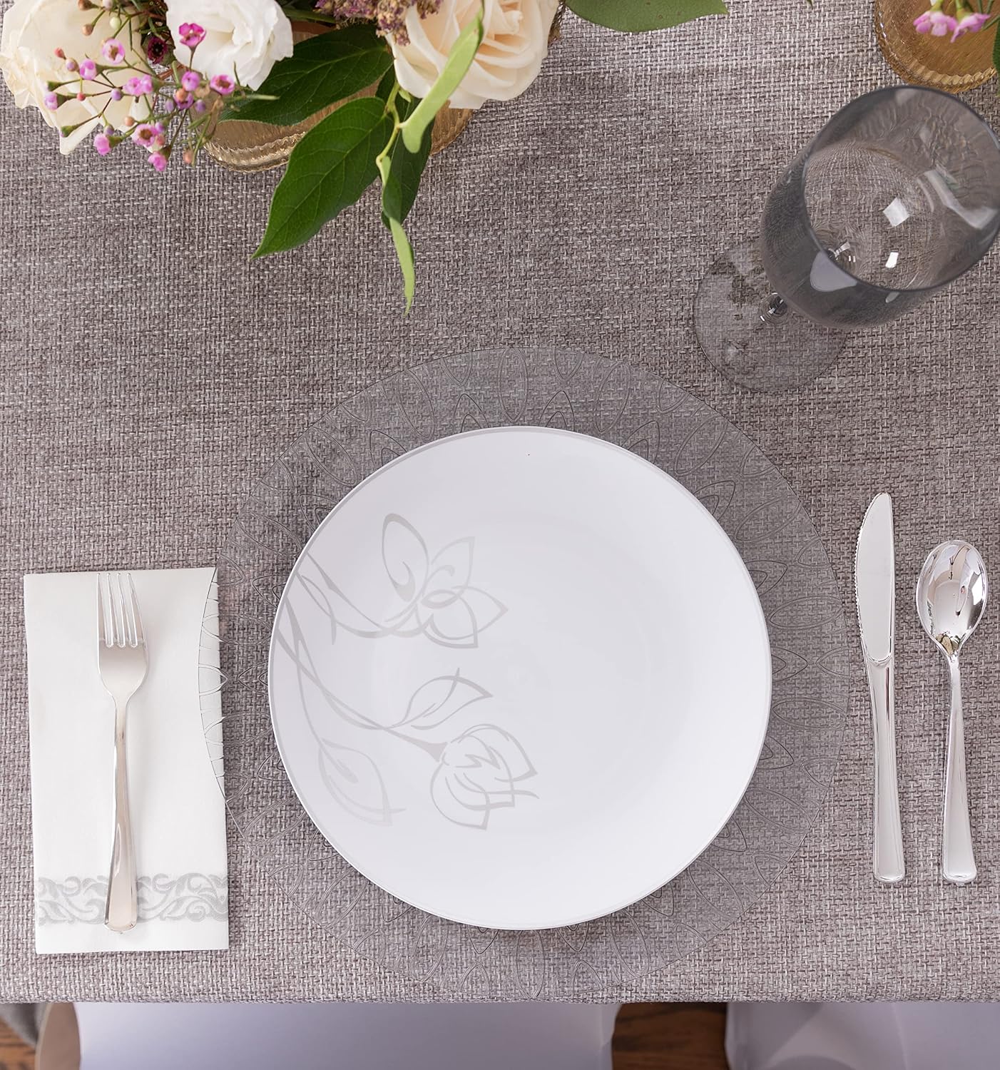 PARTY BARGAINS 13″ Plastic Charger Plates, Raindrop Design, Silver – Disposable Round Table Chargers for Weddings, Parties & Events, BPA-Free (8 Pack)