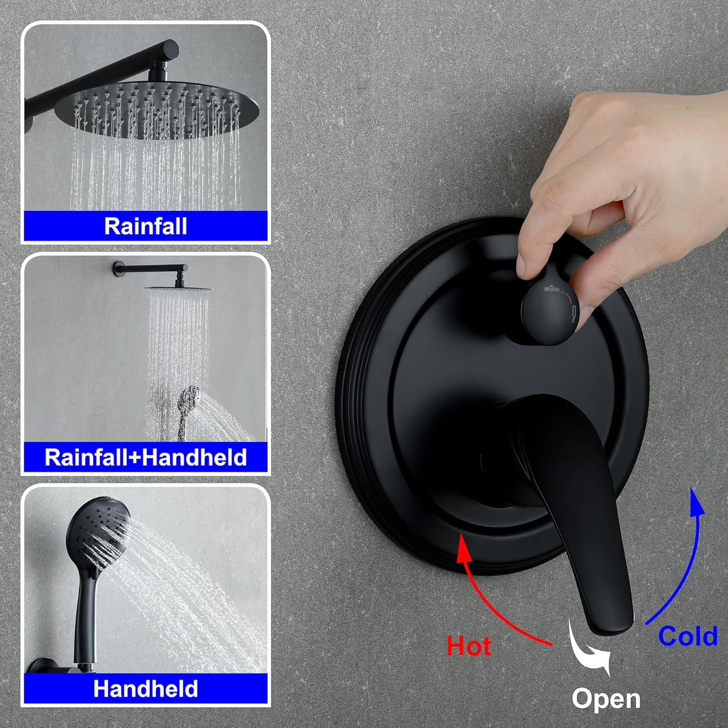 Image showing the shower valve trim kit with a hand adjusting the diverter knob. The main handle is shown with arrows indicating 'Hot', 'Cold', and 'Open' positions. Three inset images show the shower modes: Rainfall, Rainfall+Handheld, and Handheld.