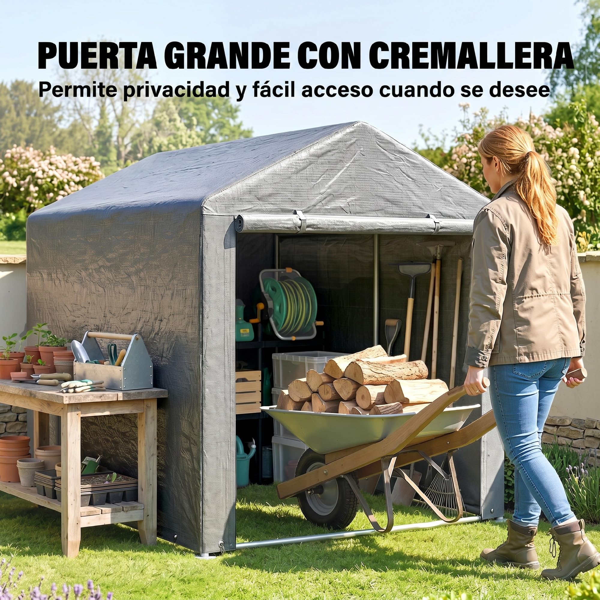 Outsunny Carpa de Jardín Exterior 2 Habitaciones 1,6x2,2x1,7 m Gris Claro | para Herramientas Bicicletas, Cobertizo Exterior, Puerta Enrollable con Cremallera, Impermeable Anti-UV, Garaje Portátil