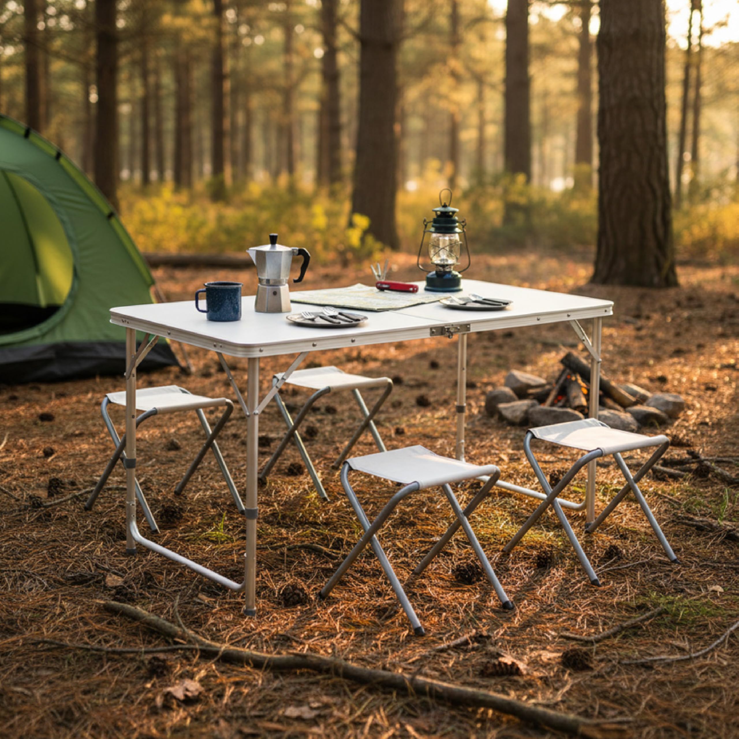 Baroni Home Mesa plegable de camping, mesa portátil plegable de aluminio con tablero de fibra de densidad media, ligera, ideal para camping, playa, picnic y al aire libre (mesa blanca 120 cm + sillas)