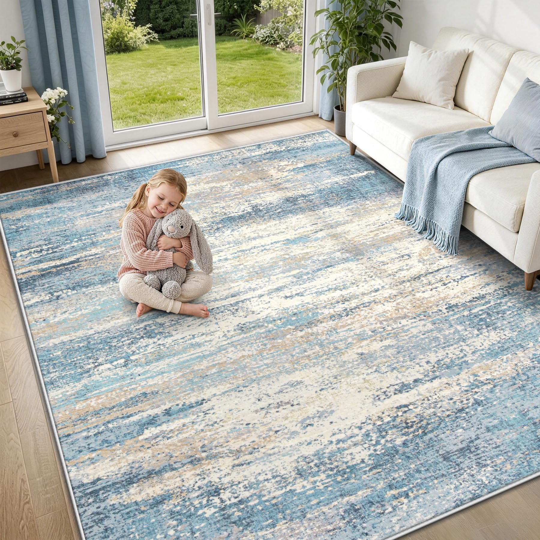 Photo 1 of 6x9 Area Rugs for Living Room: Washable Modern Abstract Rug Neutral Non-Slip Soft Low-Pile Indoor Carpet for Bedroom Nursery Dining Room Home Office (Blue Grey, 6'x9')