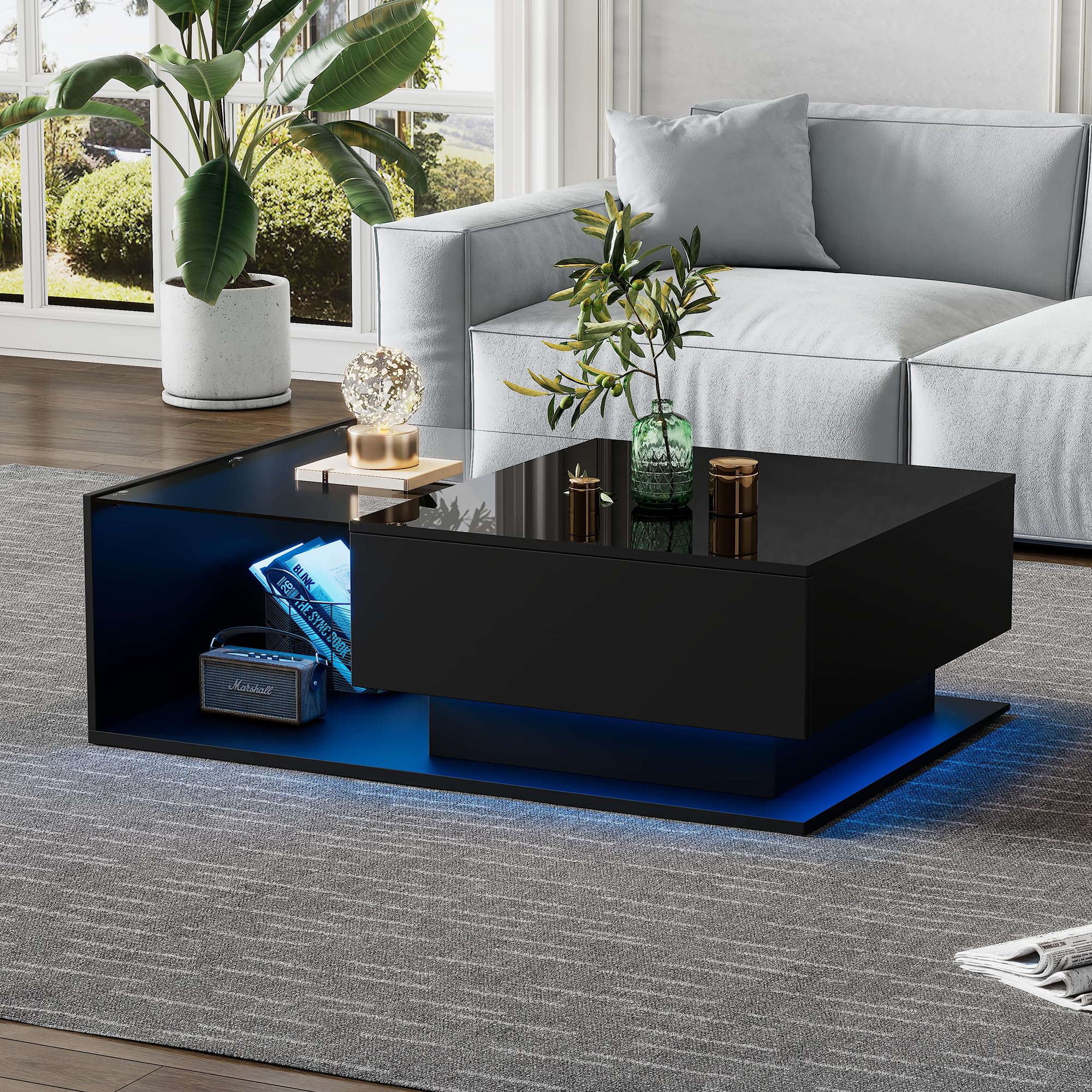 ModernLuxe Modern LED Coffee Table, High Gloss Coffee Table Center Table with Tempered Glass Top and Drawer,100x50x32cm Lighting Controlled via App, Large Storage Space, Easy Assembly, Black โ image 1