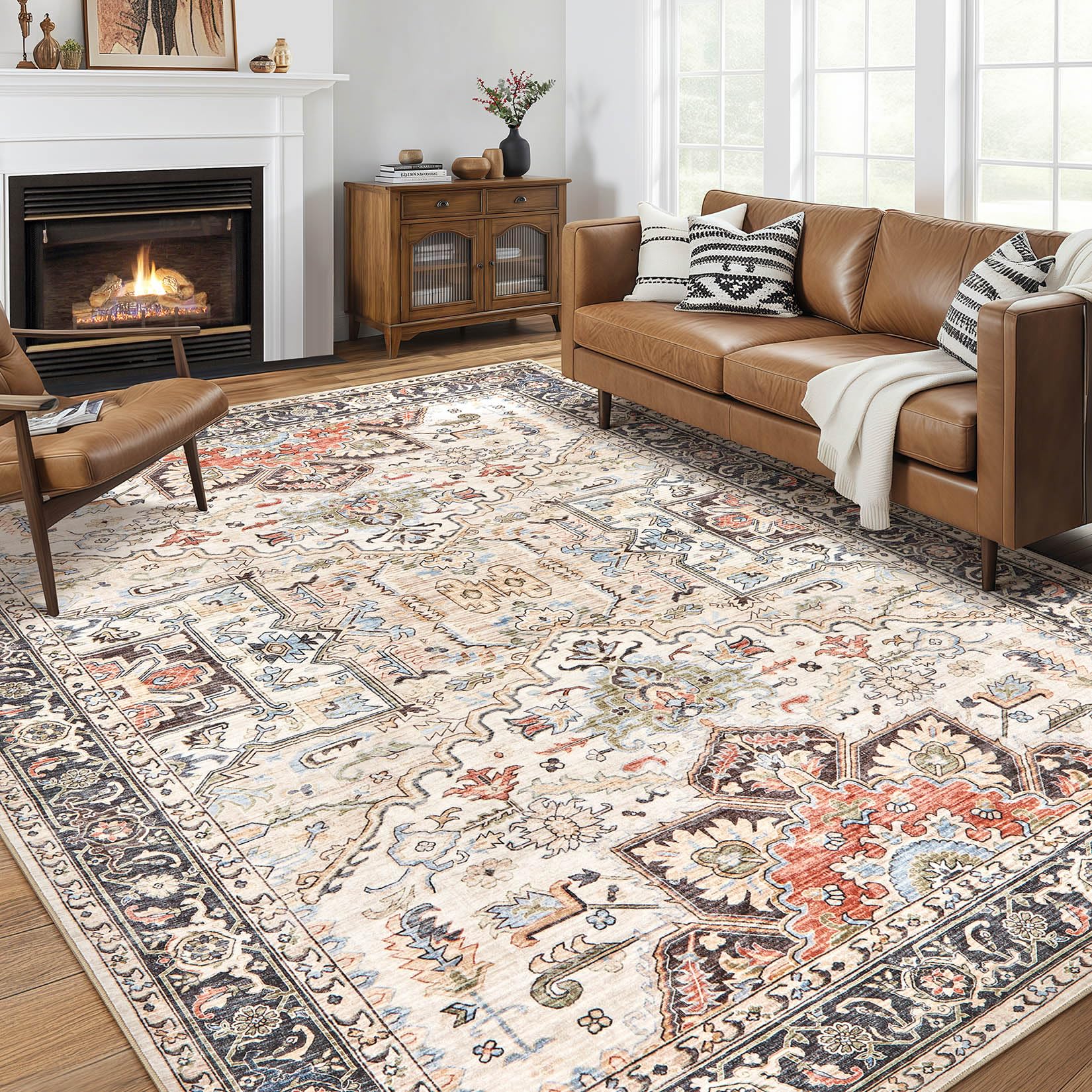 Area Rug for Living Room - 10x12 Soft Washable Oriental Vintage Floral Distressed Large Carpet - Fade Stain Resistant Non Slip Rugs for Bedroom Dining Room Nursery Dorm Office Home Decor - Multi
