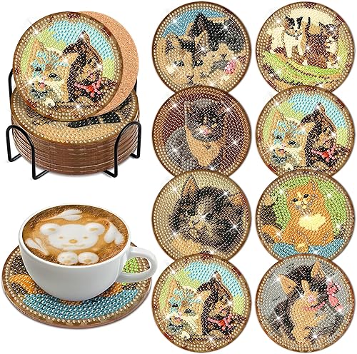 Juego de 8 posavasos de pintura de diamante con soporte para bricolaje, lindo gato de diamante, posavasos antideslizantes para adultos, kits de
