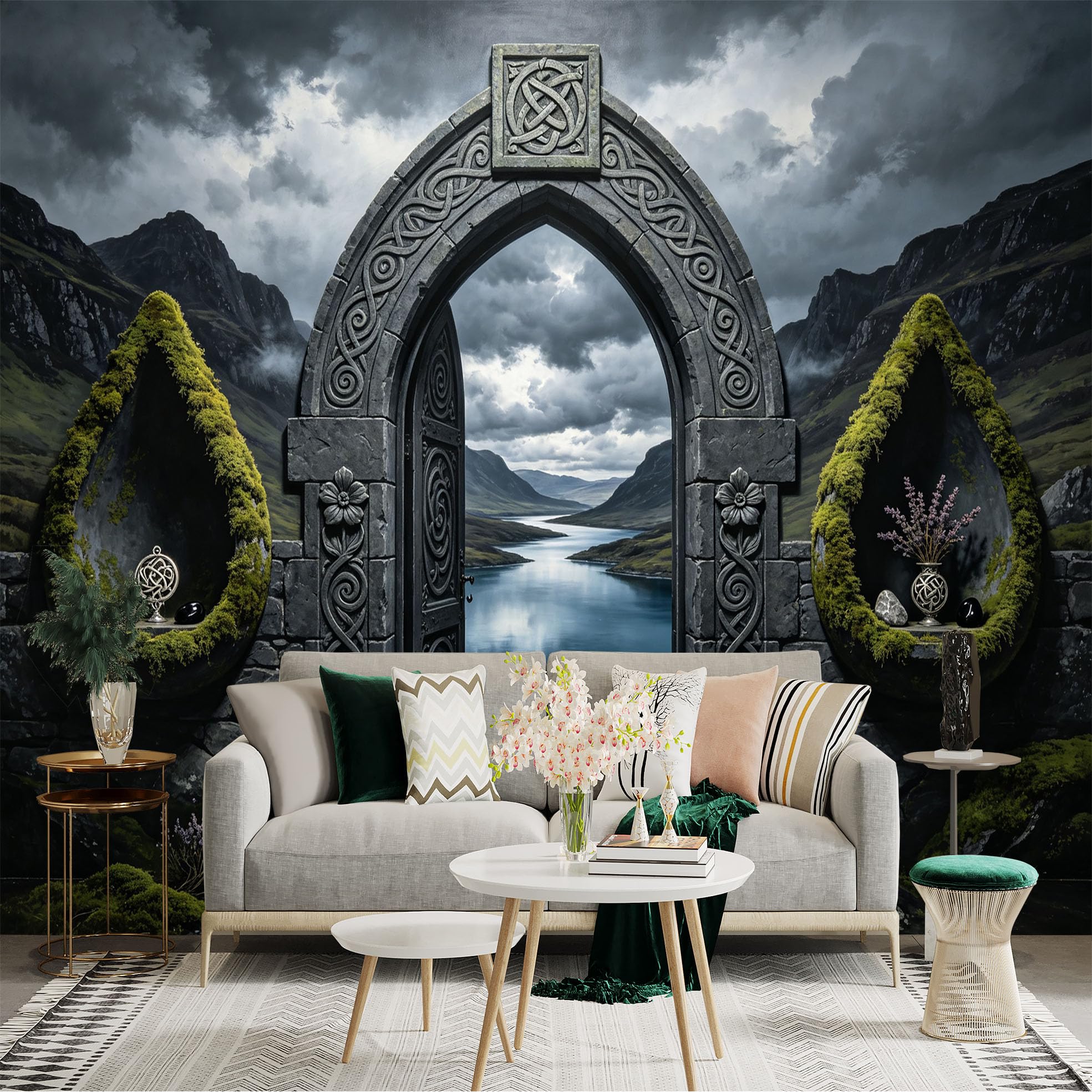 Custom Size Wall Sticker Mural， Mystic Stone Archway with Mountain Lake and Celtic Style Landscape， for wall Decoration， peelandstick wall Decals.