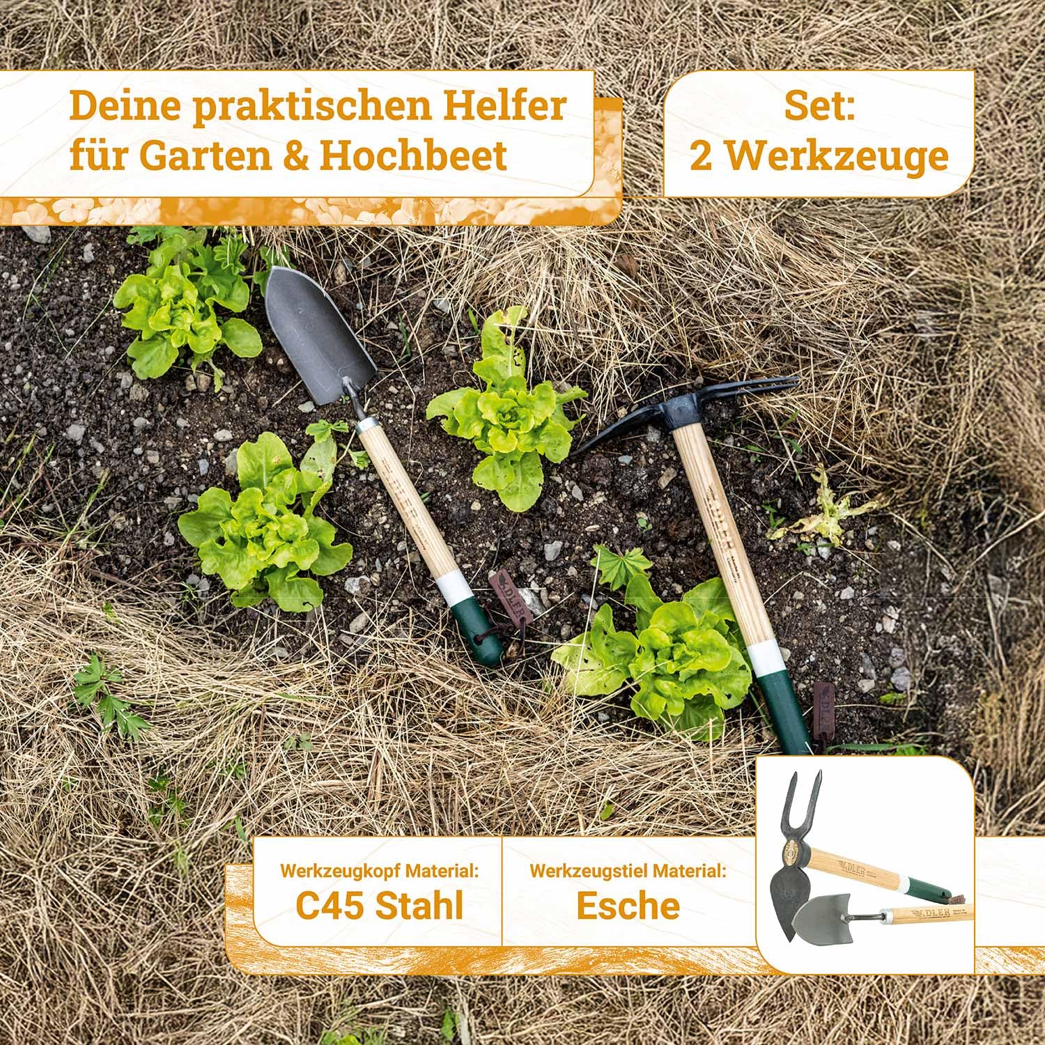 ADLER Set da giardino 2 pezzi – zappa forgiata Ivy & Cazzuola Holly – 45 cm manico in legno di frassino (Daisy - a due rebbi con foglia piatta - rosa/bianca)