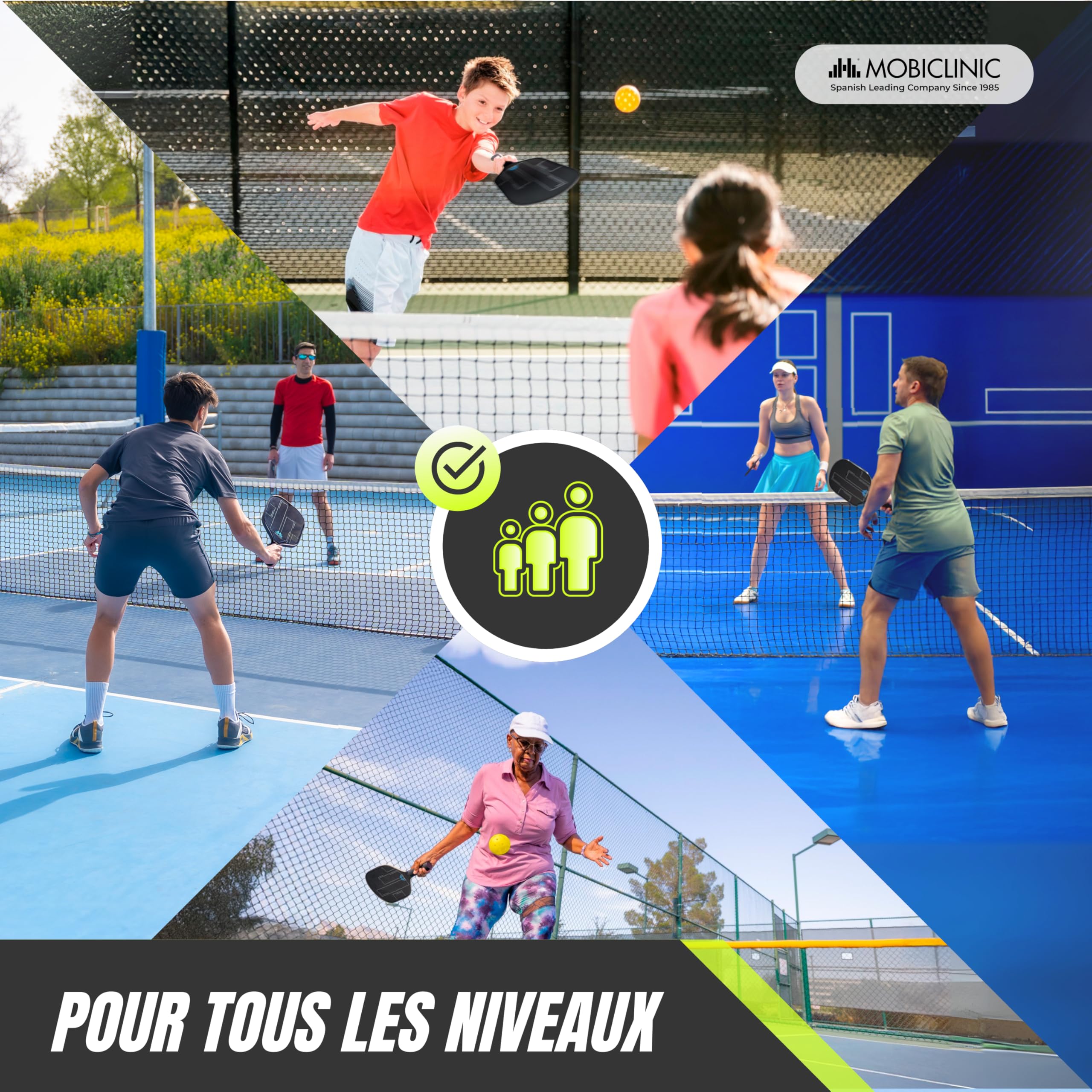 Mobiclinic®, Ensemble de Pickleball, Raquettes en Fibre de Verre, Balles D'intérieur et D'extérieur, Sac Transport, Poignée Ergonomique, Noyau en Polypropylène Alvéolé, Grip