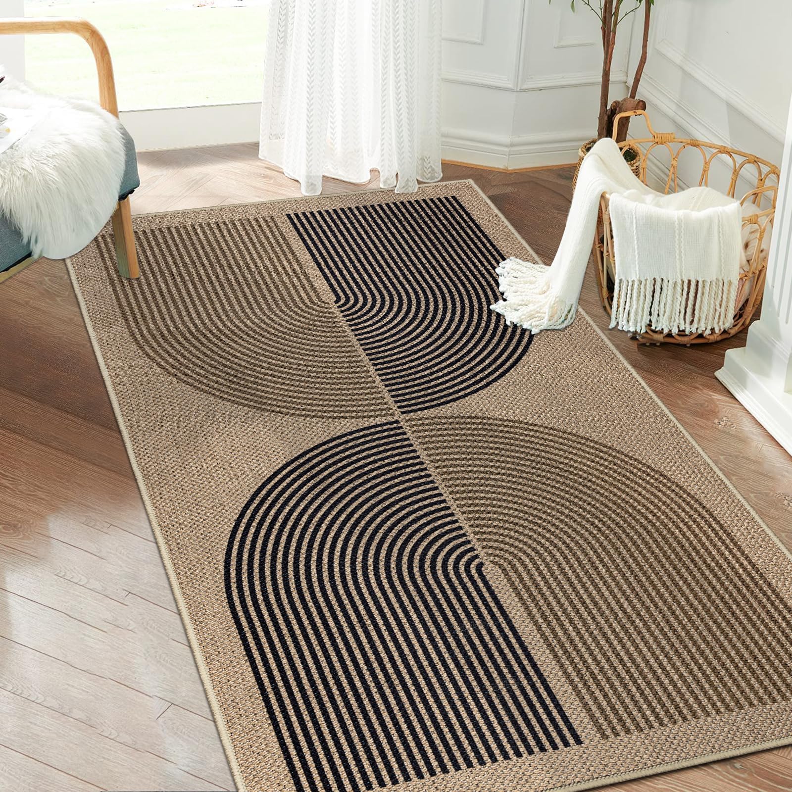 Capslpad Runner Rug for Entryway 80x150cm Non-Slip Hallway Carpet Runner Washable Jute Look Rug Kitchen Runner Durable Floor Area Rug Runners for Living Room Bedroom Balcony Corridor Black Brown