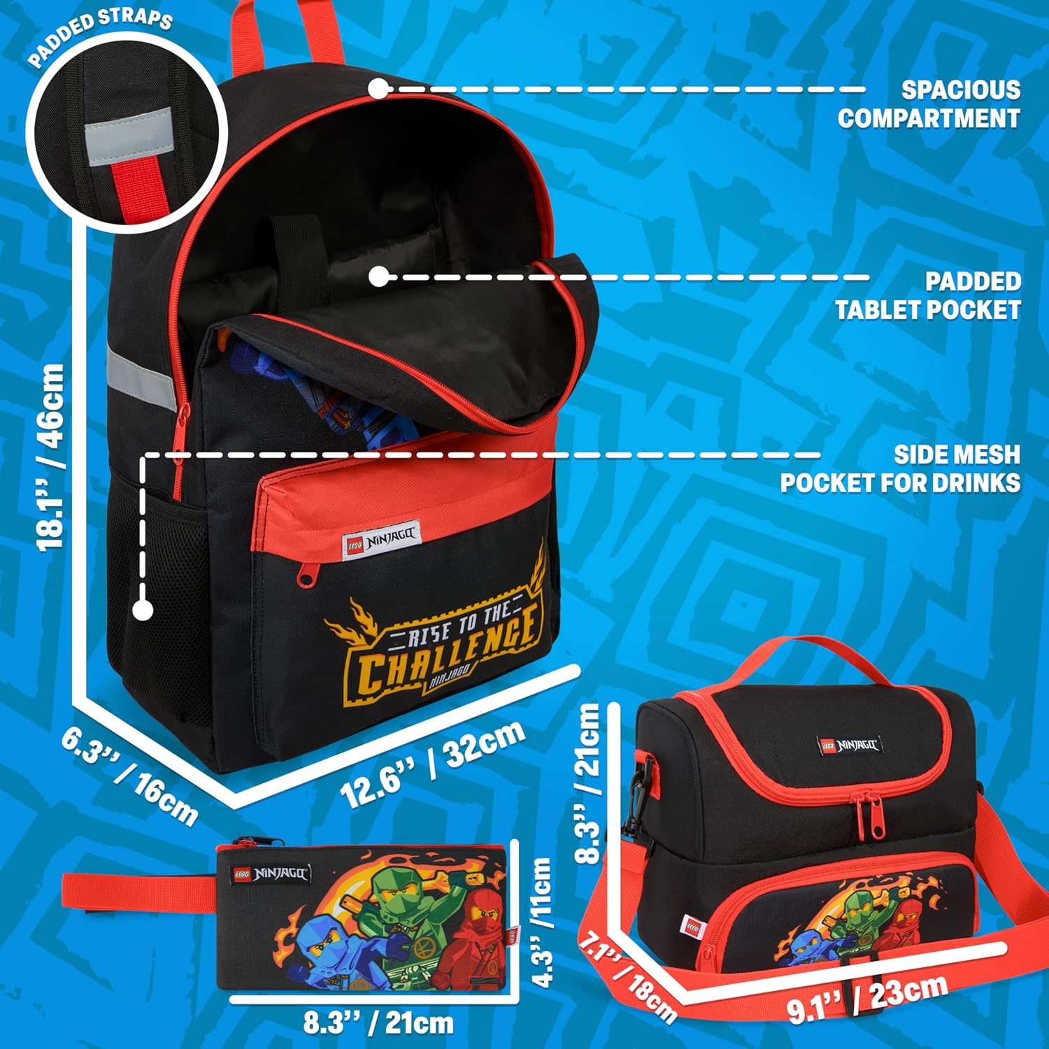 Get Trend Lego Ninjago Boys Backpack, Lunch Bag & Pencil Case, 3 Piece Set | 18 inch Bookbag, Adjustable Padded Straps, Lightweight Insulated Lunch Bag, Pencil Pouch, School Supplies, Gifts for Boys