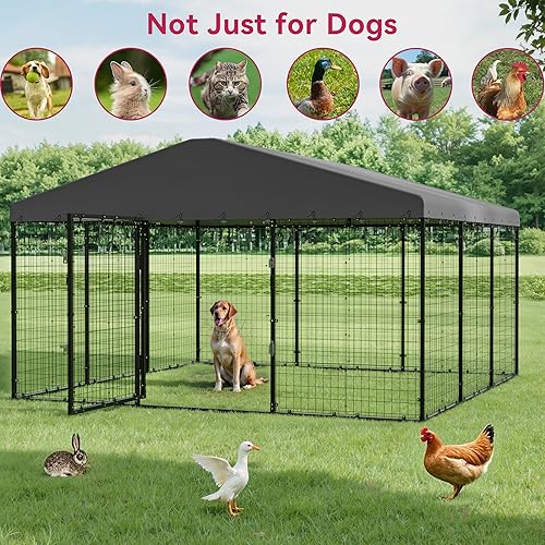 Miniatura 7 de Perrera grande para perros con techo, jaula pesada para perros grandes, 118 x 118 x 70.9 pulgadas, corral galvanizado para perros con cerraduras de