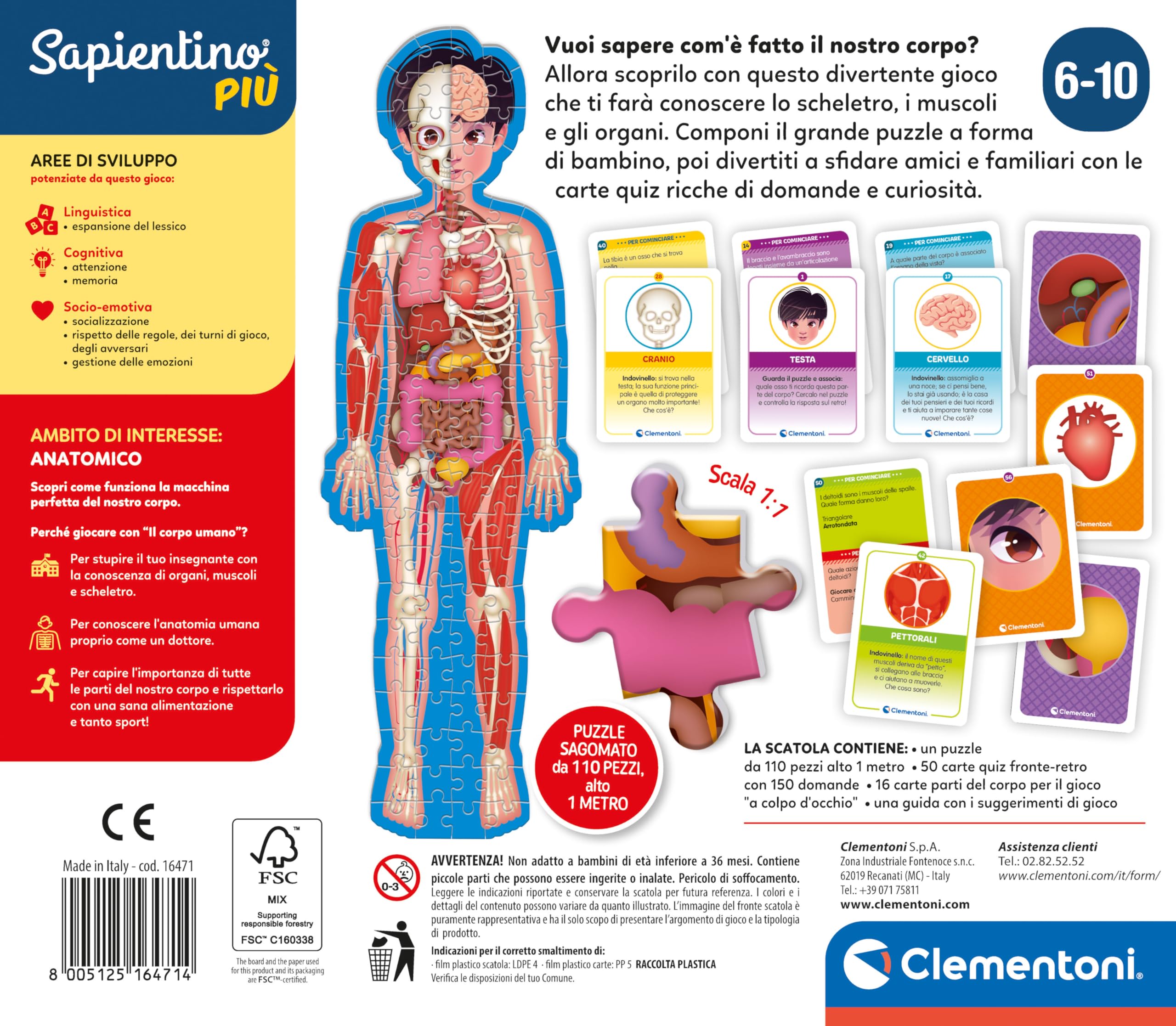 Clementoni Sapientino più - Il Corpo Umano, Gioco Educativo per Bambini 6-10 Anni, per Scoprire Anatomia e Scheletro, con Puzzle di 1m e Schede Educative, Made in Italy, Lingua Italiana, 16471