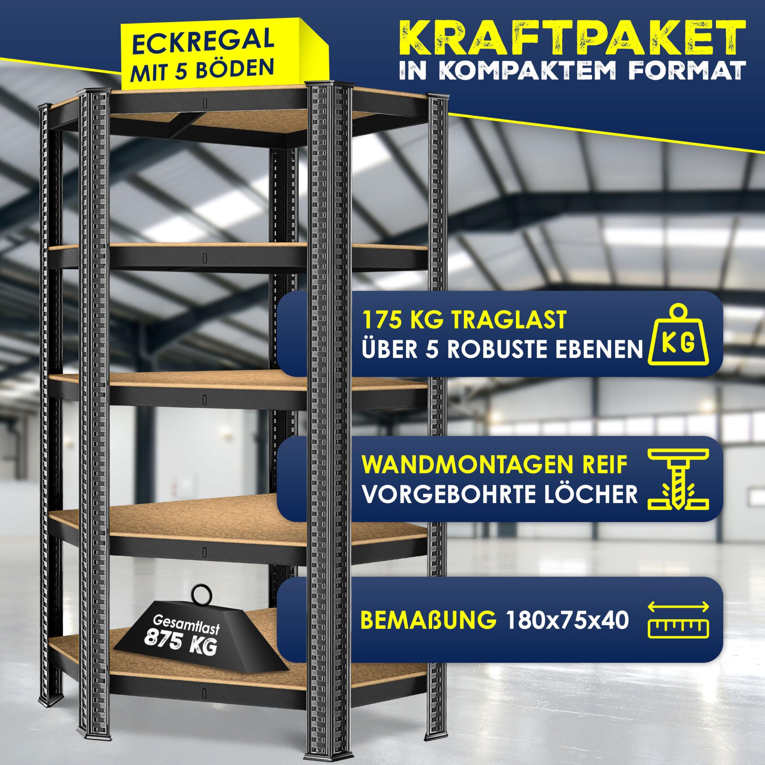 MASKO® Eckregal Lagerregal Schwerlastregal, Kellerregal, 180x75x40cm, bis 875 kg, 5 verstellbare Ablagen, MDF-Platten Regal aus Metall, Steckregal, Werkstattregal, Keller, Garage, + Handschuhe Schwarz