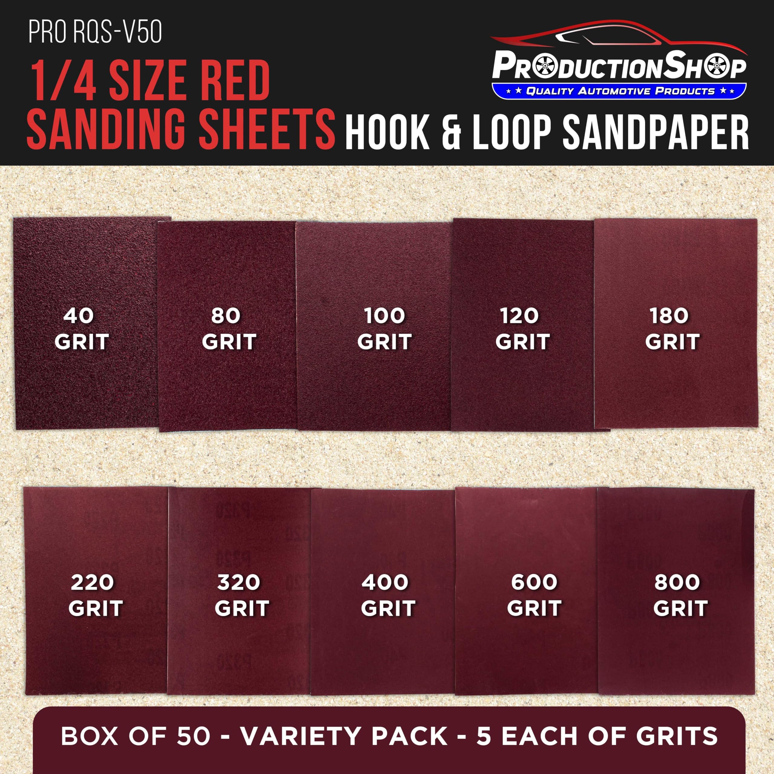 ProductionShop Premium 1/4 Sheet Size Red Sanding Sheets, 50 Sheet Variety Pack, Grits 40, 80, 100, 120, 180, 220, 320, 400, 600, 800 - Hook & Loop Backing Sandpaper - Palm Sanders, Sanding Blocks