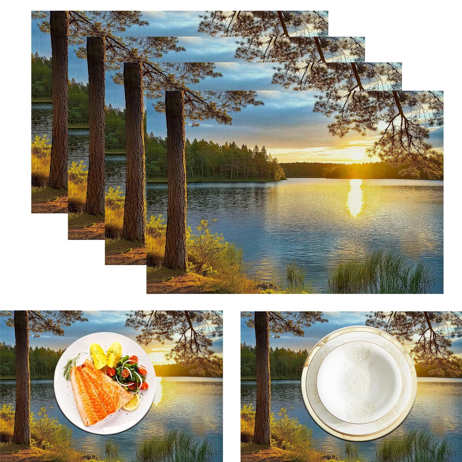Sets de table d'été feuilles lac et forêt au crépuscule lavables lot de 8 pièces 45x30 cm