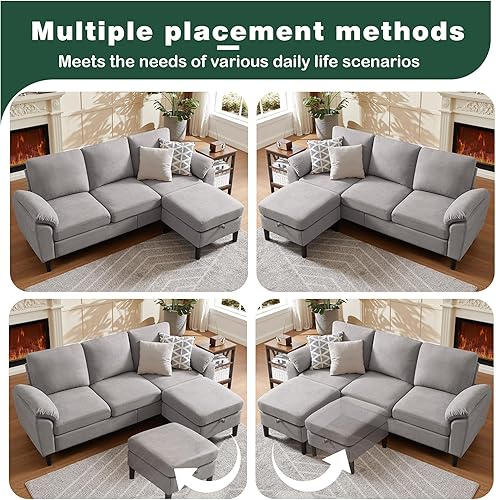 Miniatura 7 de Sofá modular convertible de 79 pulgadas, moderno sofá pequeño en forma de L de lino con diván reversible y otomana de almacenamiento, sofá de 3