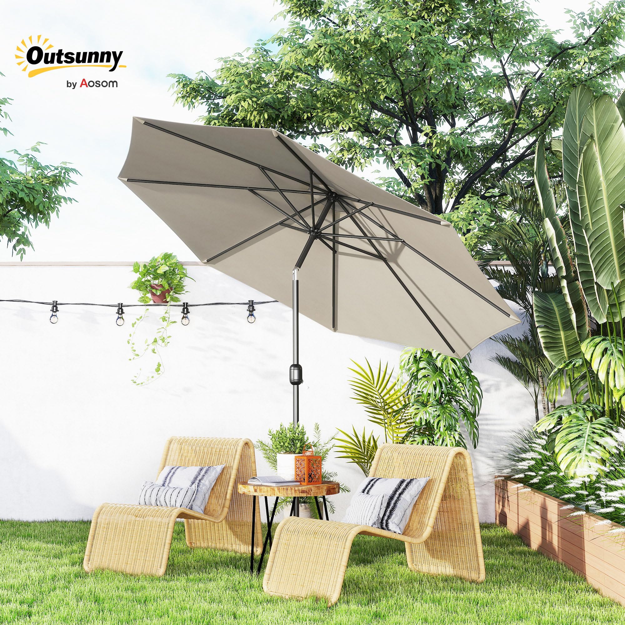 Outsunny Sombrilla de Jardín Ø300x250 cm con Manivela Parasol Exterior con Mecanismo de Inclinación y Poste Desmontable de Metal para Terraza Piscina Patio