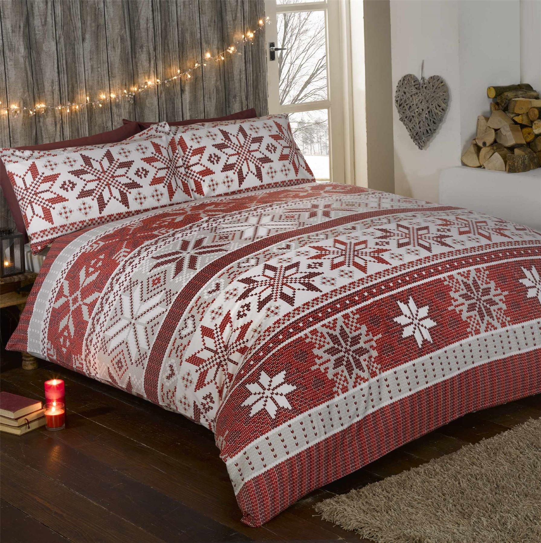 Stockholm 100% Cotton Flannelette Quilt Duvet Cover and 2 Pillowcase Bedding Bed Set, Red/Multi-Colour, King