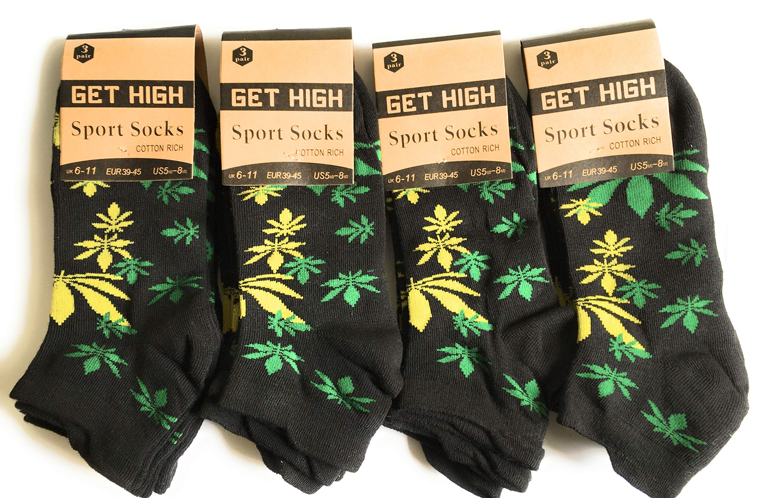 Qz Fashion Unisex Multi Leaf 6 Pairs Ganja Weed Leaf Ankle Line Trainer Socks Sport Socks Size Uk 6-11 (Multi Leaf)