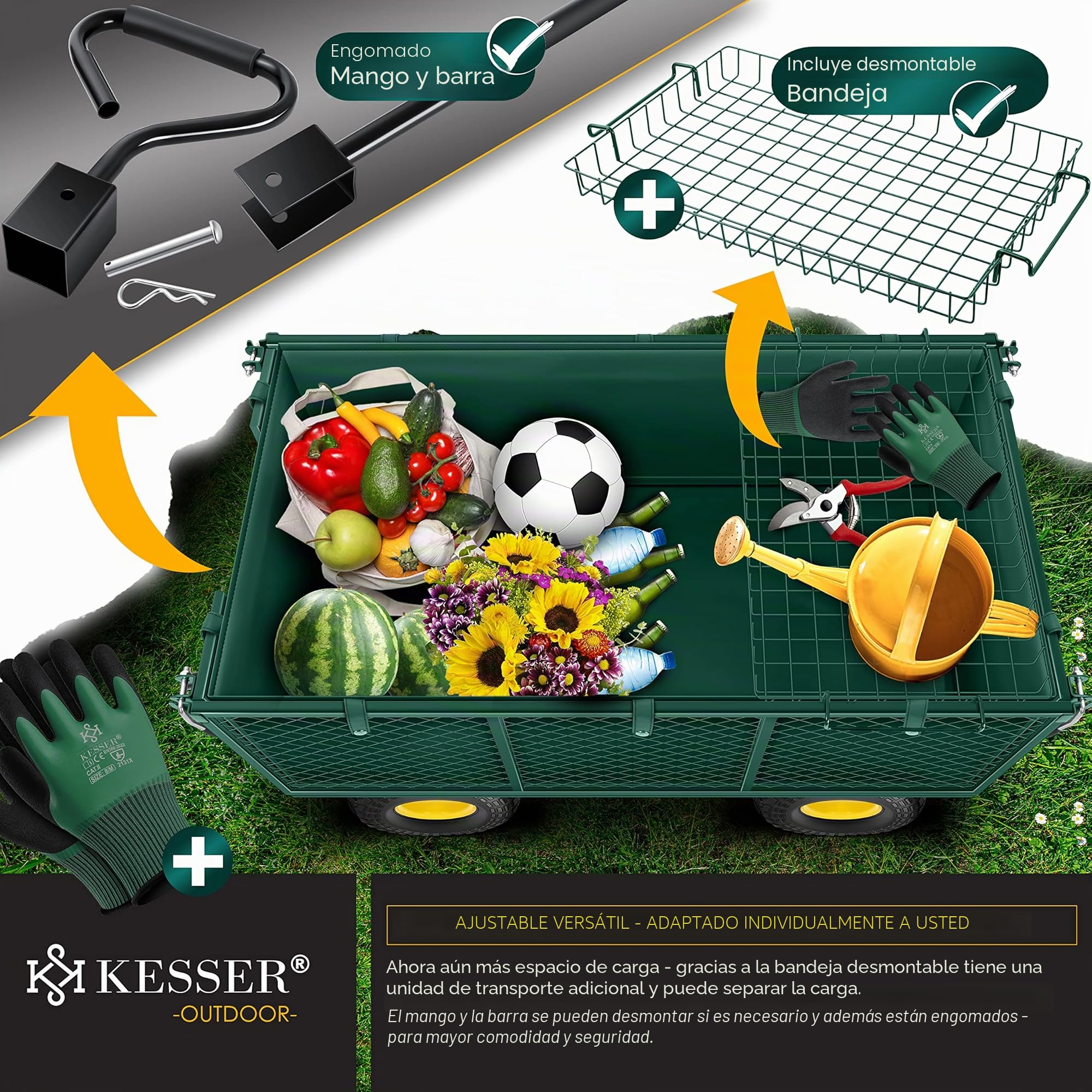 KESSER® 550 kg Carro de Mano, Carro de jardín, Carro de Transporte, Lona Desmontable, Carro de Equipamiento, Versátil, Incluye Guantes, Verde