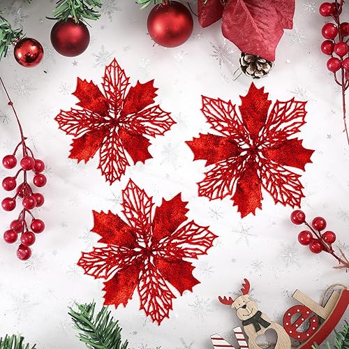 Miniatura 3 de Wironlst 16 flores de pascua artificiales con purpurina, decoración de Navidad roja de nochebuena para árbol de Navidad, vacaciones, temporada,