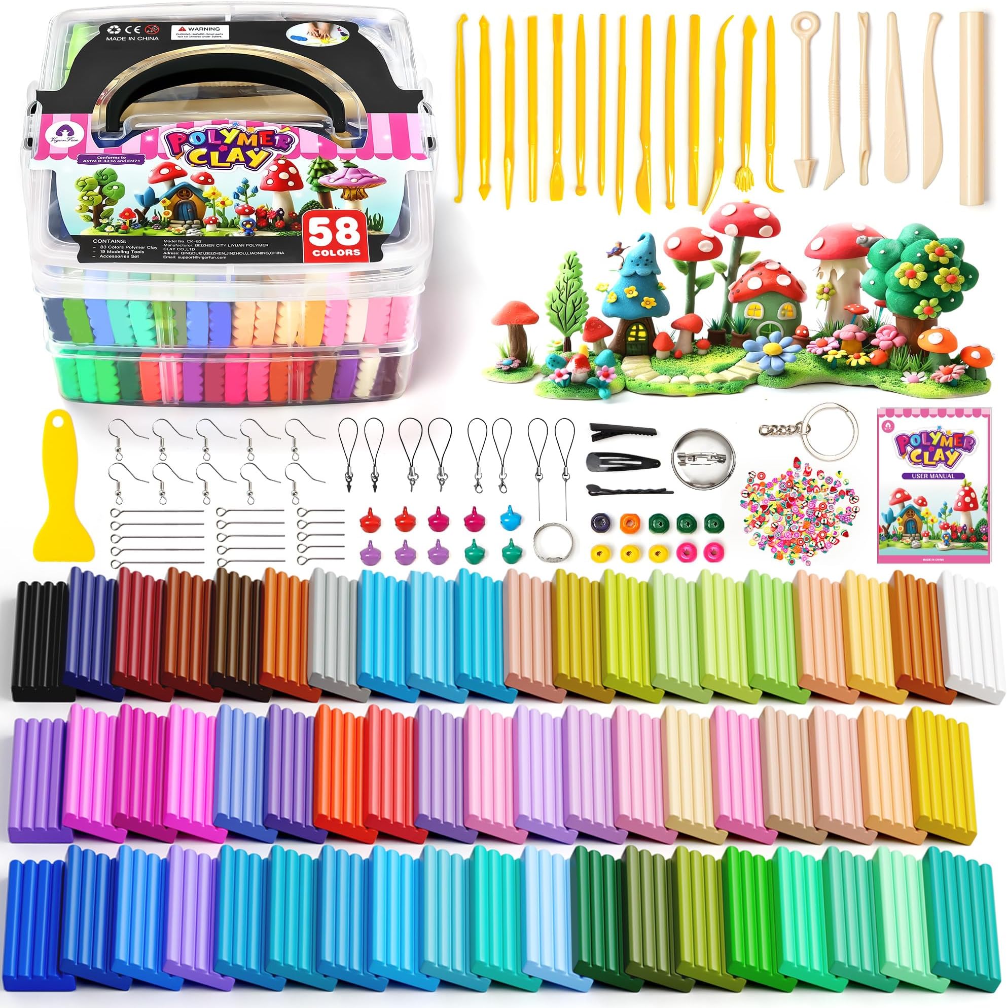 VigorFun 139 PCS Polymer Clay Kit with Sculpting Tools and Accessories, 58 Colors Non-Toxic Modeling Clay for Kids, DIY Oven Bake Clay, Arts and Crafts Gift Set for Kids Adults and Beginners