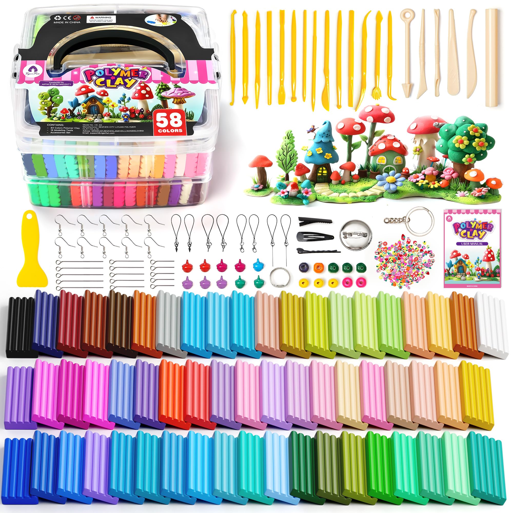 VigorFun 139 PCS Polymer Clay Kit with Sculpting Tools and Accessories, 58 Colors Non-Toxic Modeling Clay for Kids, DIY Oven Bake Clay, Arts and Crafts Gift Set for Kids Adults and Beginners
