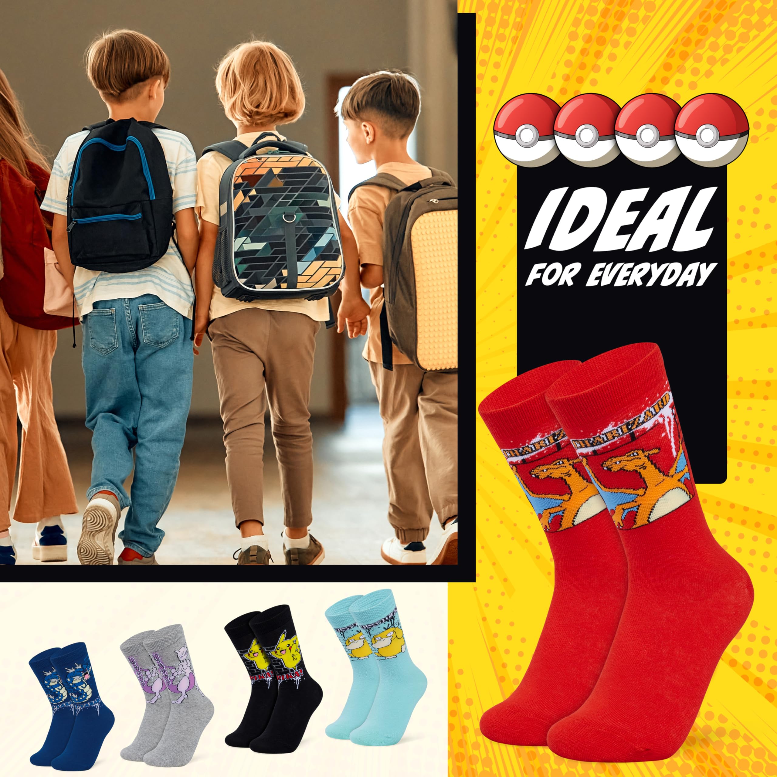 Pokémon Chaussettes Garçon, Lot de 5 Paires Douces et Respirantes - Cadeau Enfant