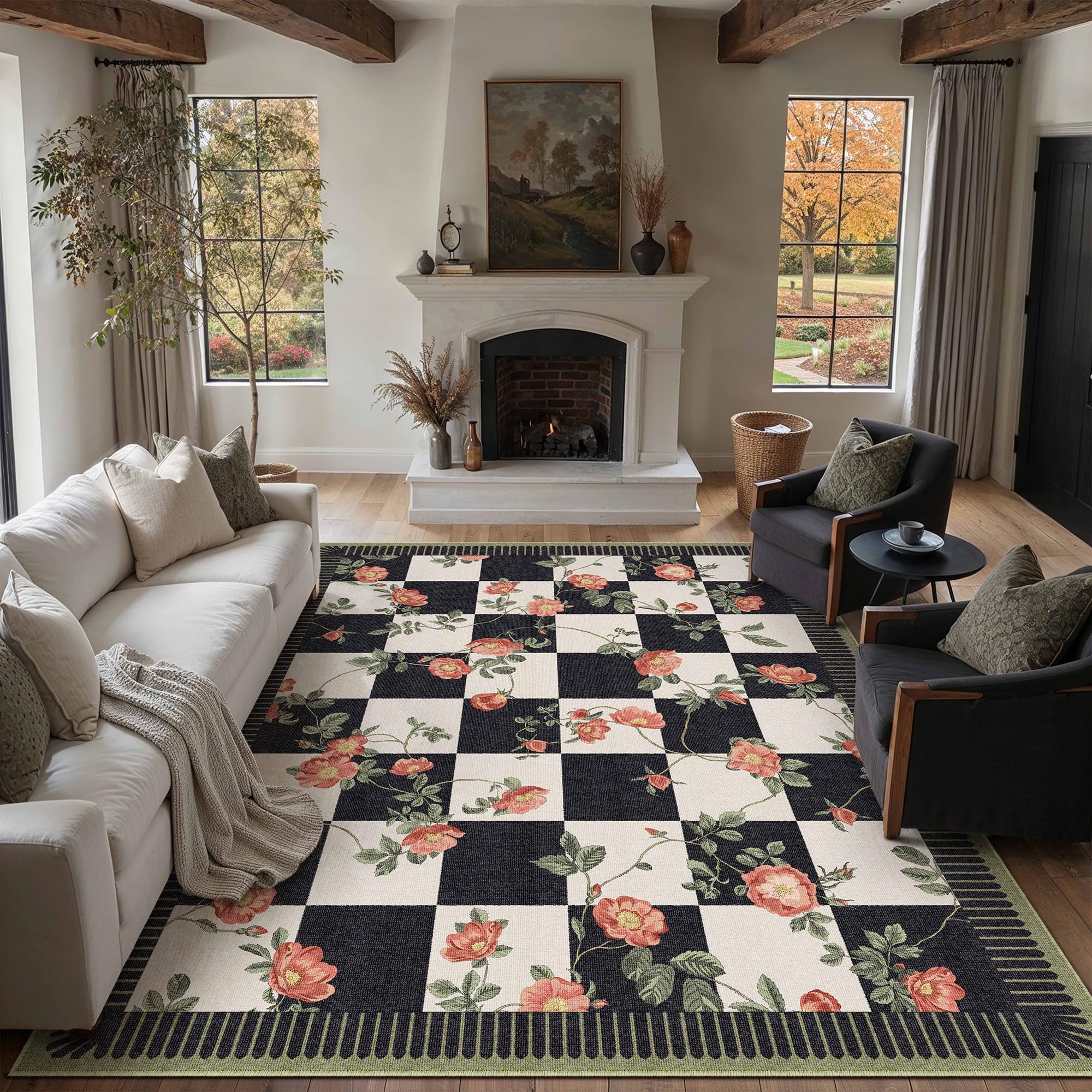 PureCozy Teppich Wohnzimmer 200x300cm Blumenmuster Blumen Kariert Waschbarer Rugs for Living Room Weich rutschfest Tepich Kurzflor Schlafzimmer Carpet Esszimmer Bedroom Teppiche Büro, Schwarz&Weiß