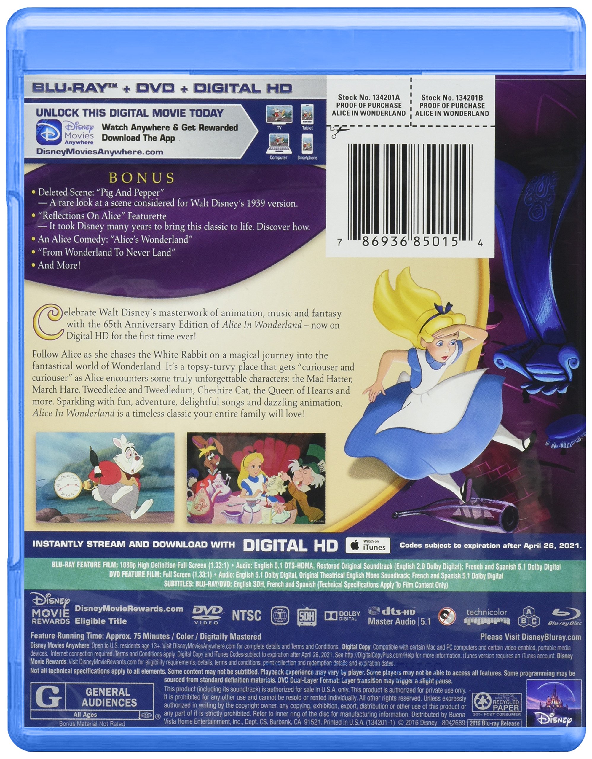 Disney's Alice in Wonderland 65th Anniversary Bluray/DVD