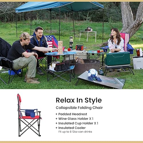 Miniatura 5 de ARROWHEAD OUTDOOR Silla cuádruple plegable portátil para acampar con enfriador de 6 latas, portavasos y soportes para copas de vino, bolsa de