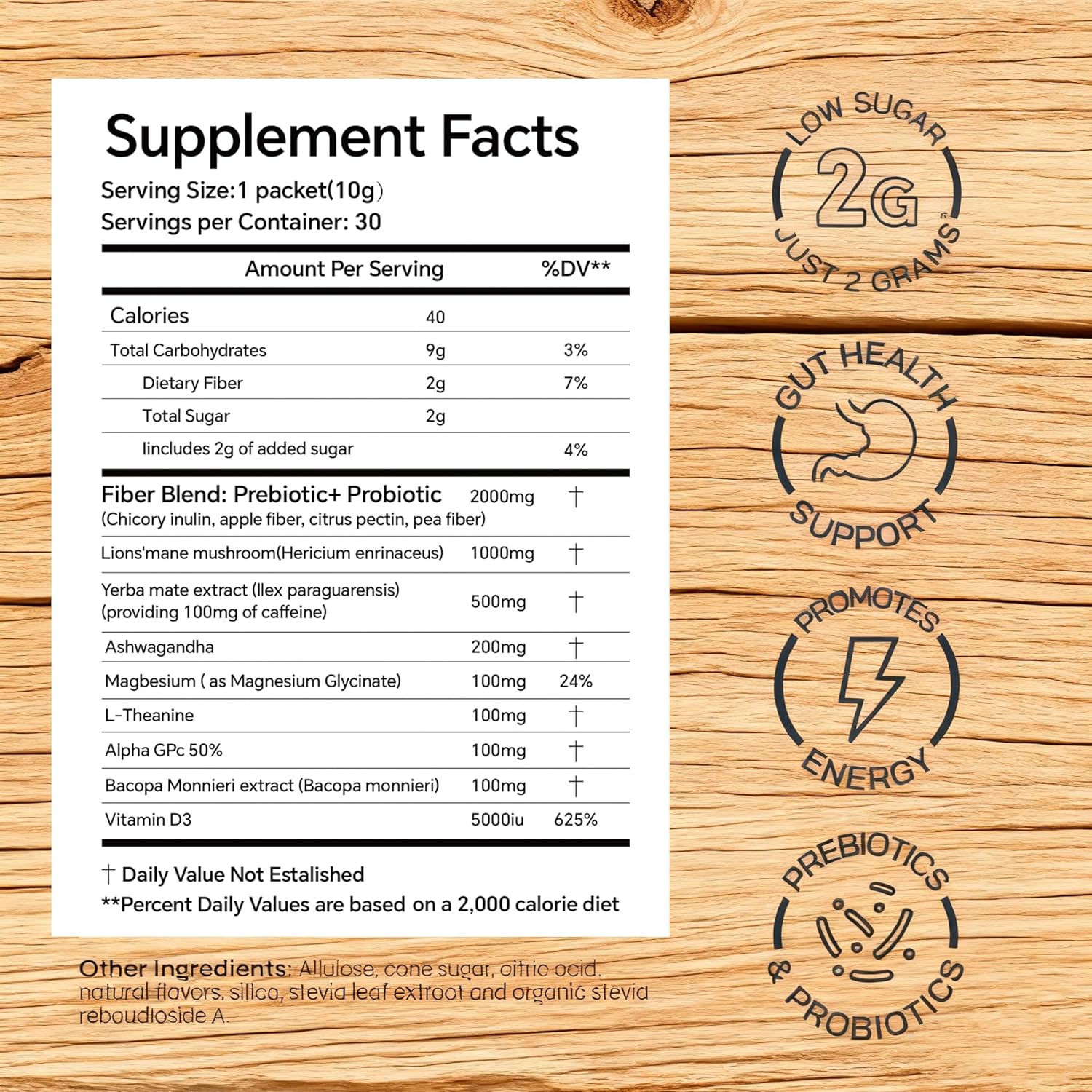 Monbrizz Instant Yerba Mate Powder - Coffee Alternative Energy Drink with Lion's Mane, L-Theanine, Probiotics & Prebiotics - Mental Clarity & Focus Supplement for Gut Health - Low Sugar, Strawberry Flavor (30 Packets)）