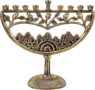 Ner Mitzvah Candle Menorah Vintage Aluminum, Fits All Standard Chanukah Candles and Hanukkah Menorah Ancient Jerusalem Design - Antique Gold Finish