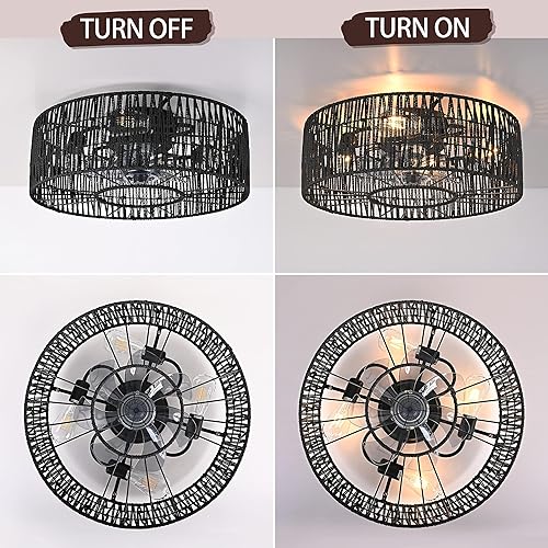 Miniatura 3 de Ventilador de techo enjaulado negro con luz, ventilador de techo industrial de perfil bajo con luces y ventilador cerrado remoto, ventiladores de